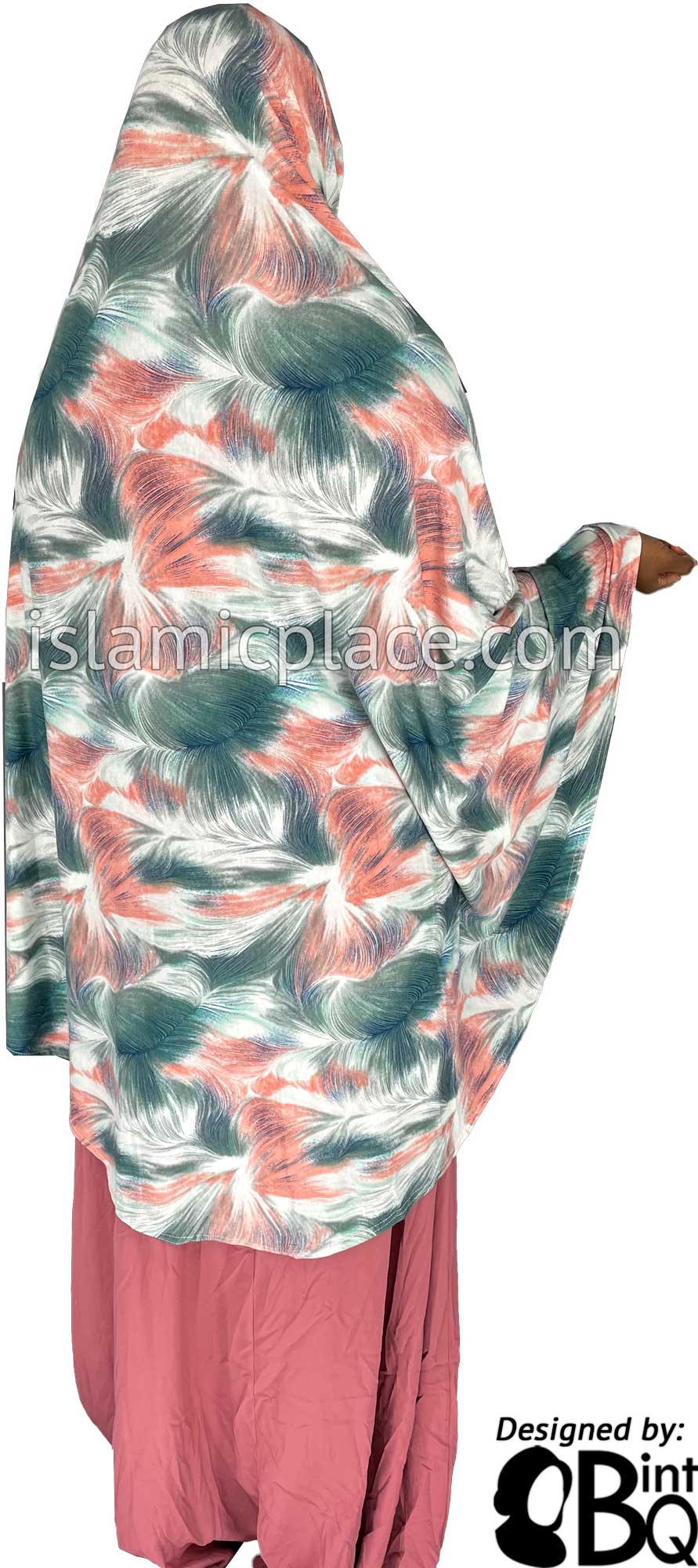 Coral, Ocean Green and Navy BlueTruffula Design - Printed Overhead Khimar - Extra Long Knee Length