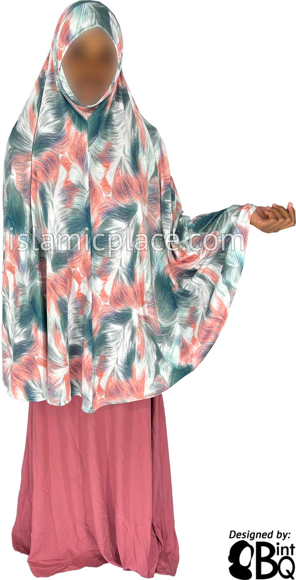 Coral, Ocean Green and Navy BlueTruffula Design - Printed Overhead Khimar - Extra Long Knee Length