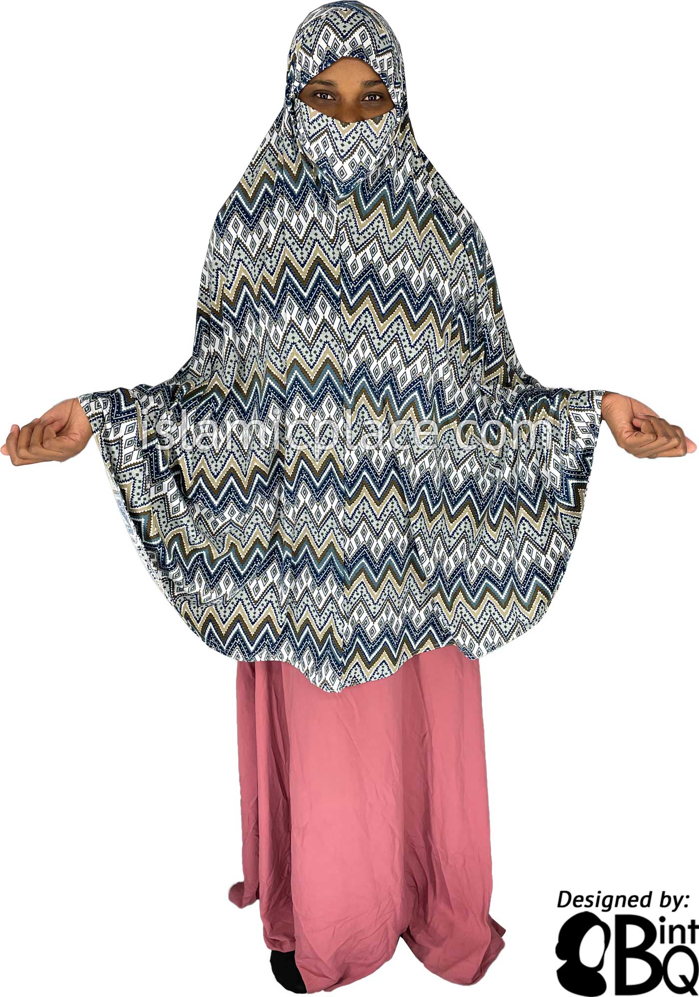Navy Blue, Graphite Gray and Oyster Zigzag Design - Printed Overhead Khimar - Extra Long Knee Length