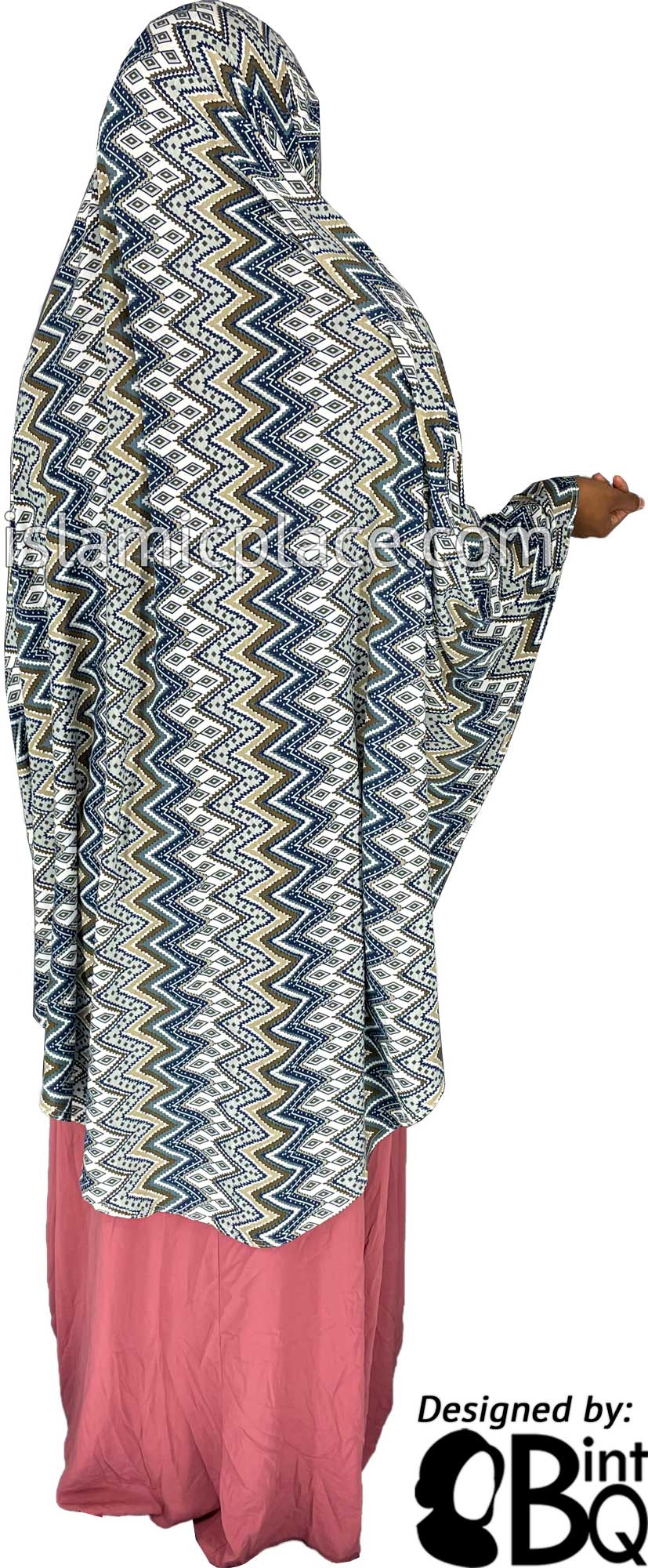 Navy Blue, Graphite Gray and Oyster Zigzag Design - Printed Overhead Khimar - Extra Long Knee Length