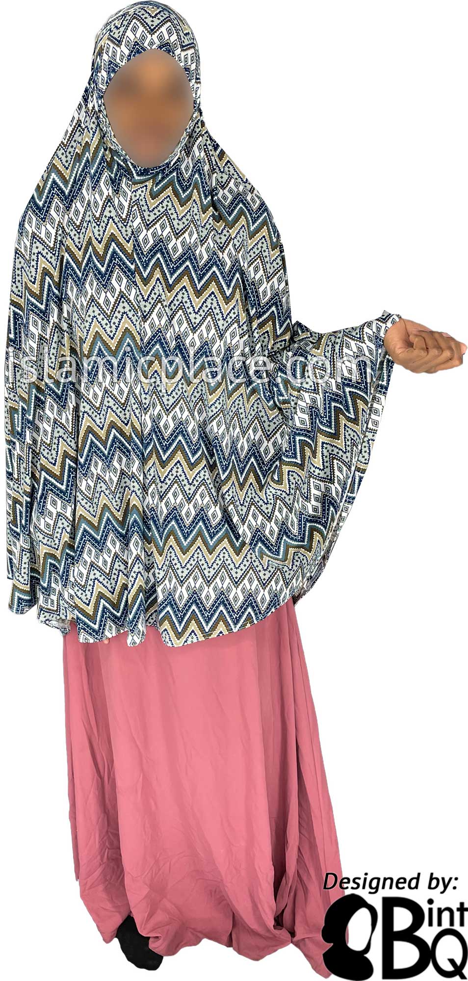Navy Blue, Graphite Gray and Oyster Zigzag Design - Printed Overhead Khimar - Extra Long Knee Length