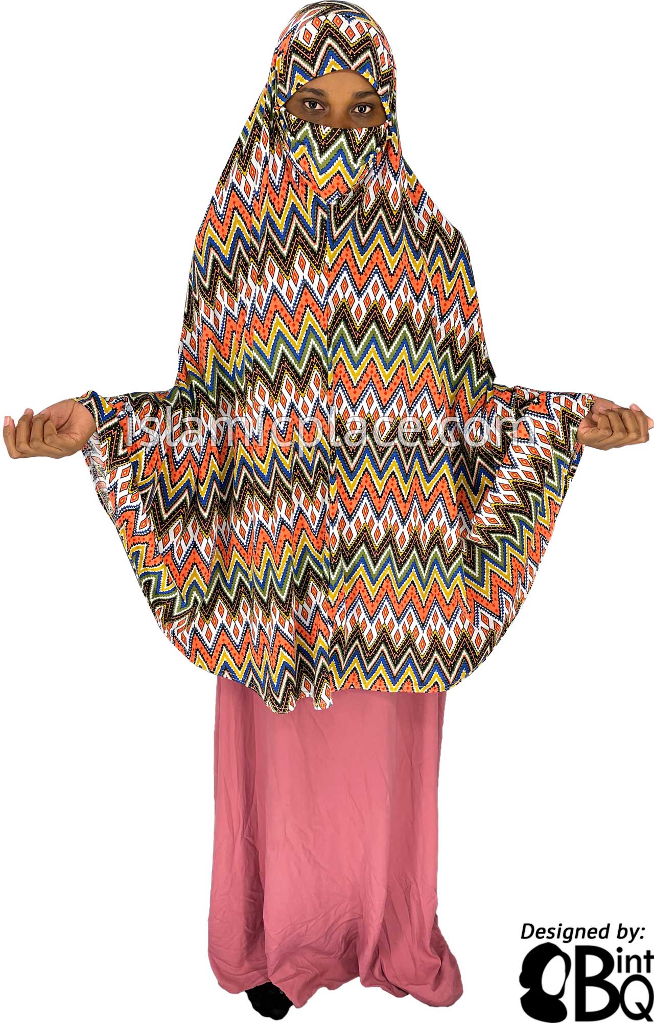Coral, Olive Green, Blue and Mustard Zigzag Design - Printed Overhead Khimar - Extra Long Knee Length
