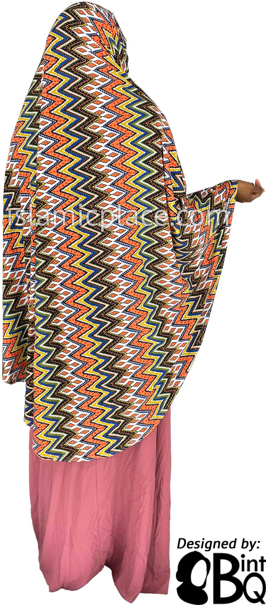 Coral, Olive Green, Blue and Mustard Zigzag Design - Printed Overhead Khimar - Extra Long Knee Length