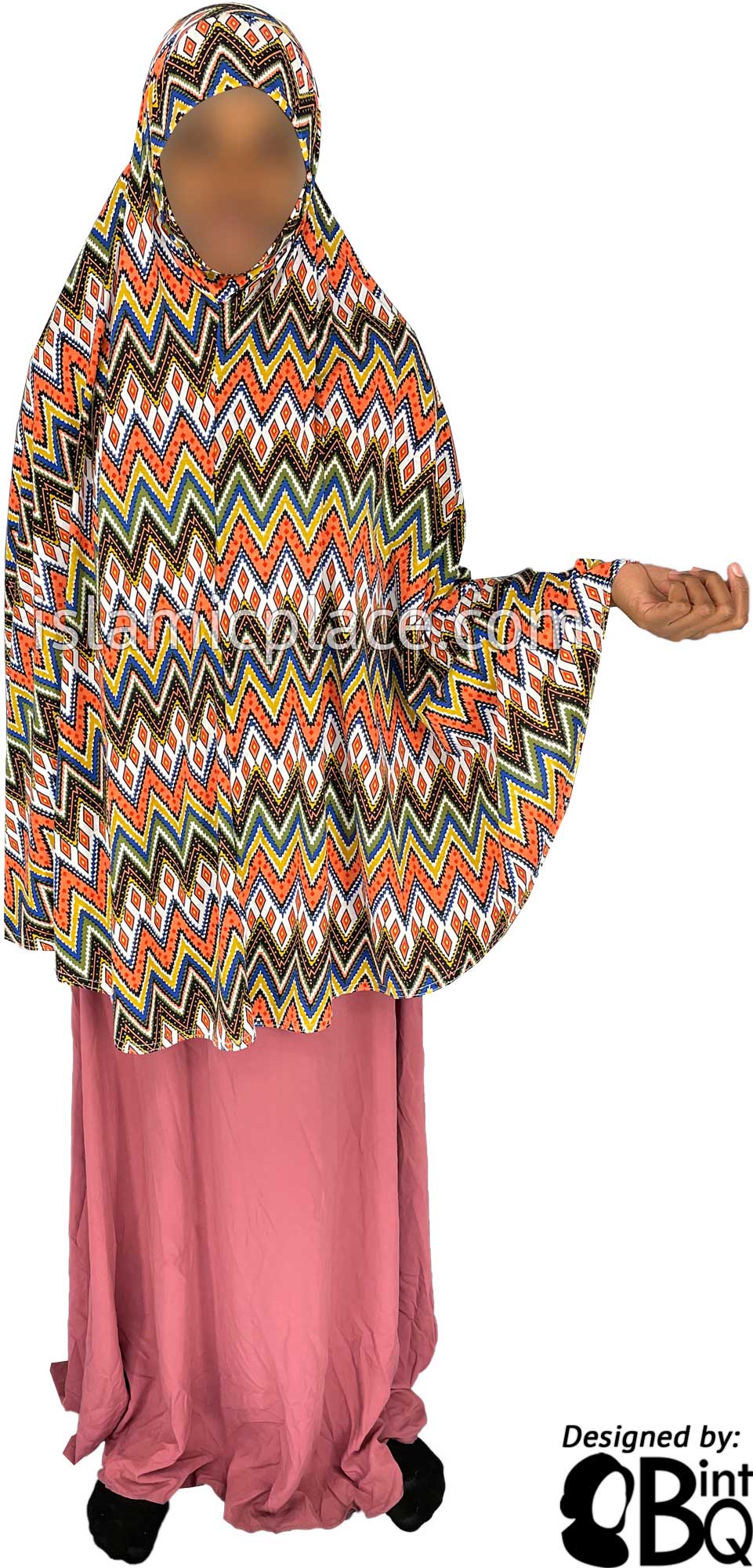 Coral, Olive Green, Blue and Mustard Zigzag Design - Printed Overhead Khimar - Extra Long Knee Length