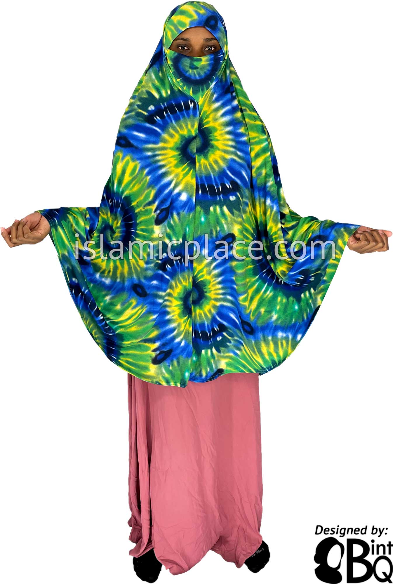 Navy Blue, Green and Yellow Sunbust Tie-Dye Design - Printed Overhead Khimar - Extra Long Knee Length