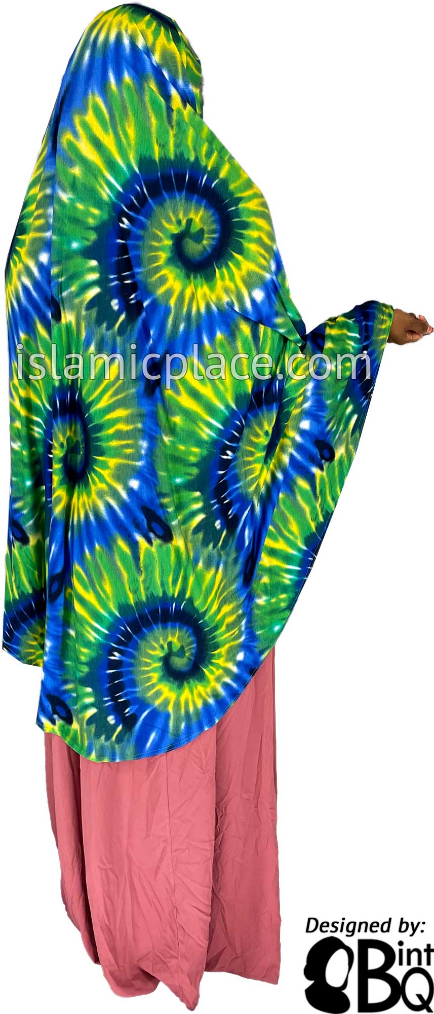 Navy Blue, Green and Yellow Sunbust Tie-Dye Design - Printed Overhead Khimar - Extra Long Knee Length