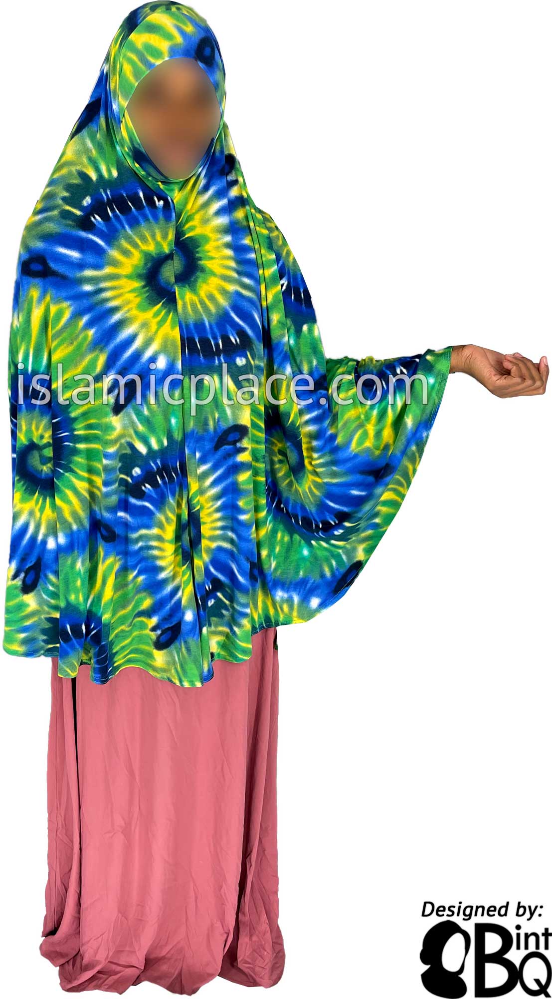 Navy Blue, Green and Yellow Sunbust Tie-Dye Design - Printed Overhead Khimar - Extra Long Knee Length