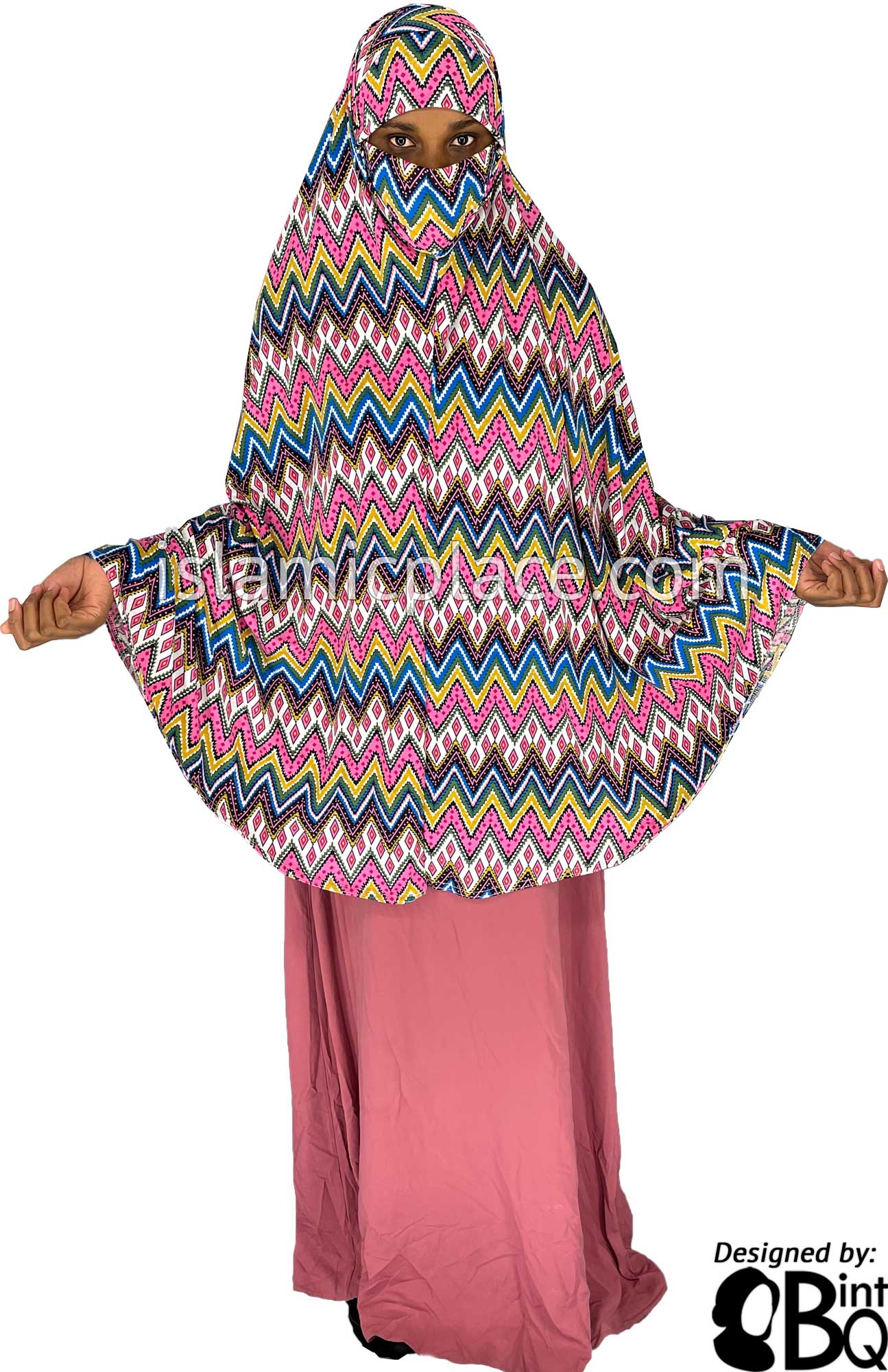 Bubblegum Pink, Mustard and Cobalt Blue Zigzag Design - Printed Overhead Khimar - Extra Long Knee Length