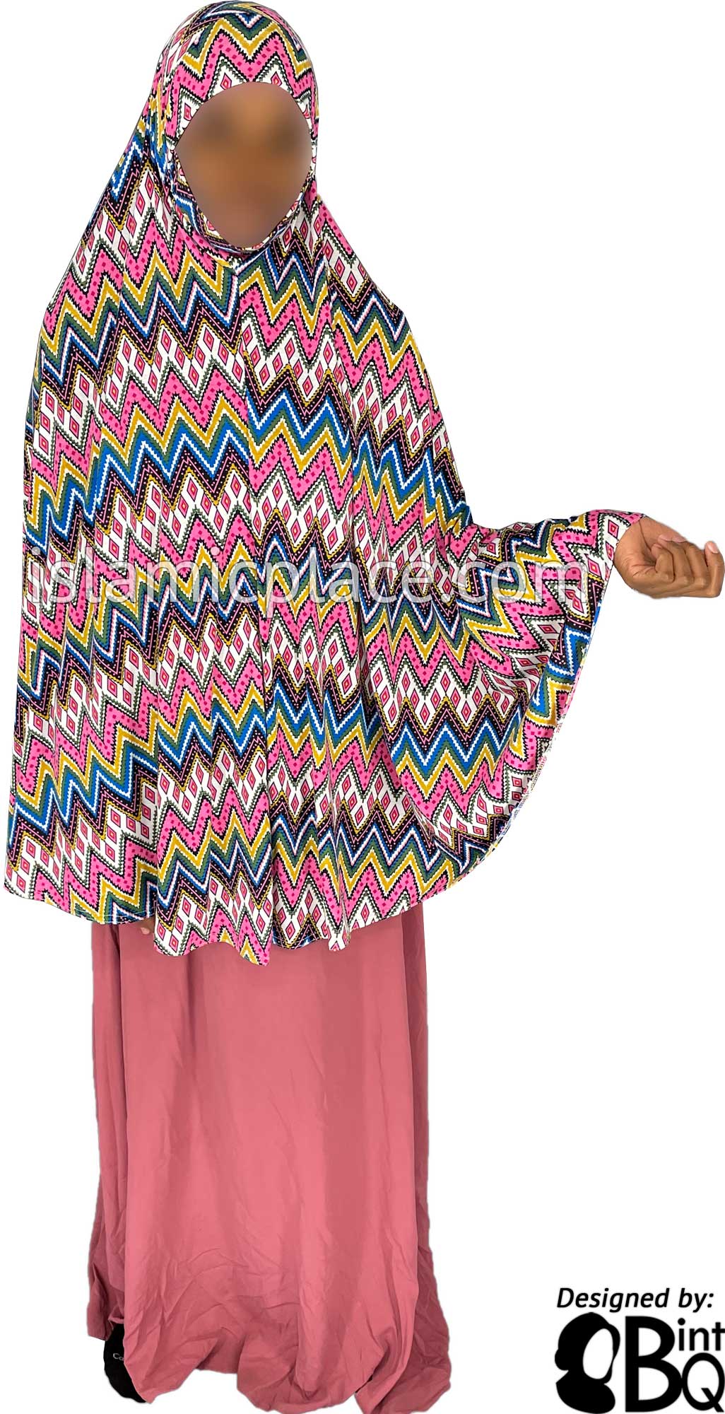 Bubblegum Pink, Mustard and Cobalt Blue Zigzag Design - Printed Overhead Khimar - Extra Long Knee Length