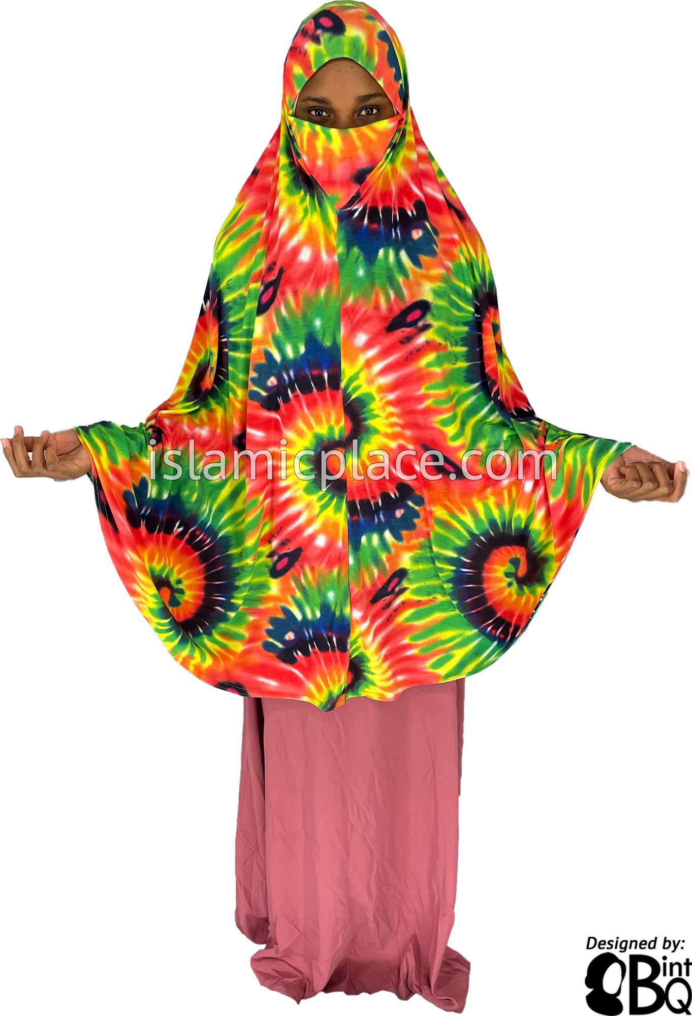 Red, Green and Yellow Sunbust Tie-Dye Design - Printed Overhead Khimar - Extra Long Knee Length