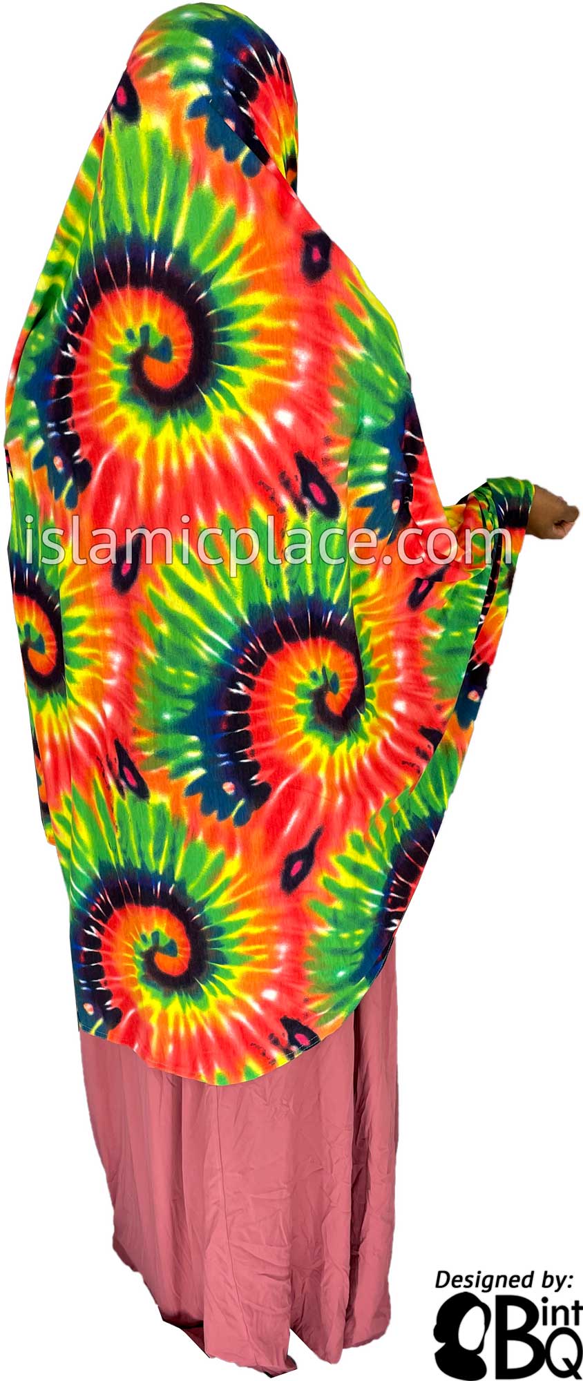 Red, Green and Yellow Sunbust Tie-Dye Design - Printed Overhead Khimar - Extra Long Knee Length