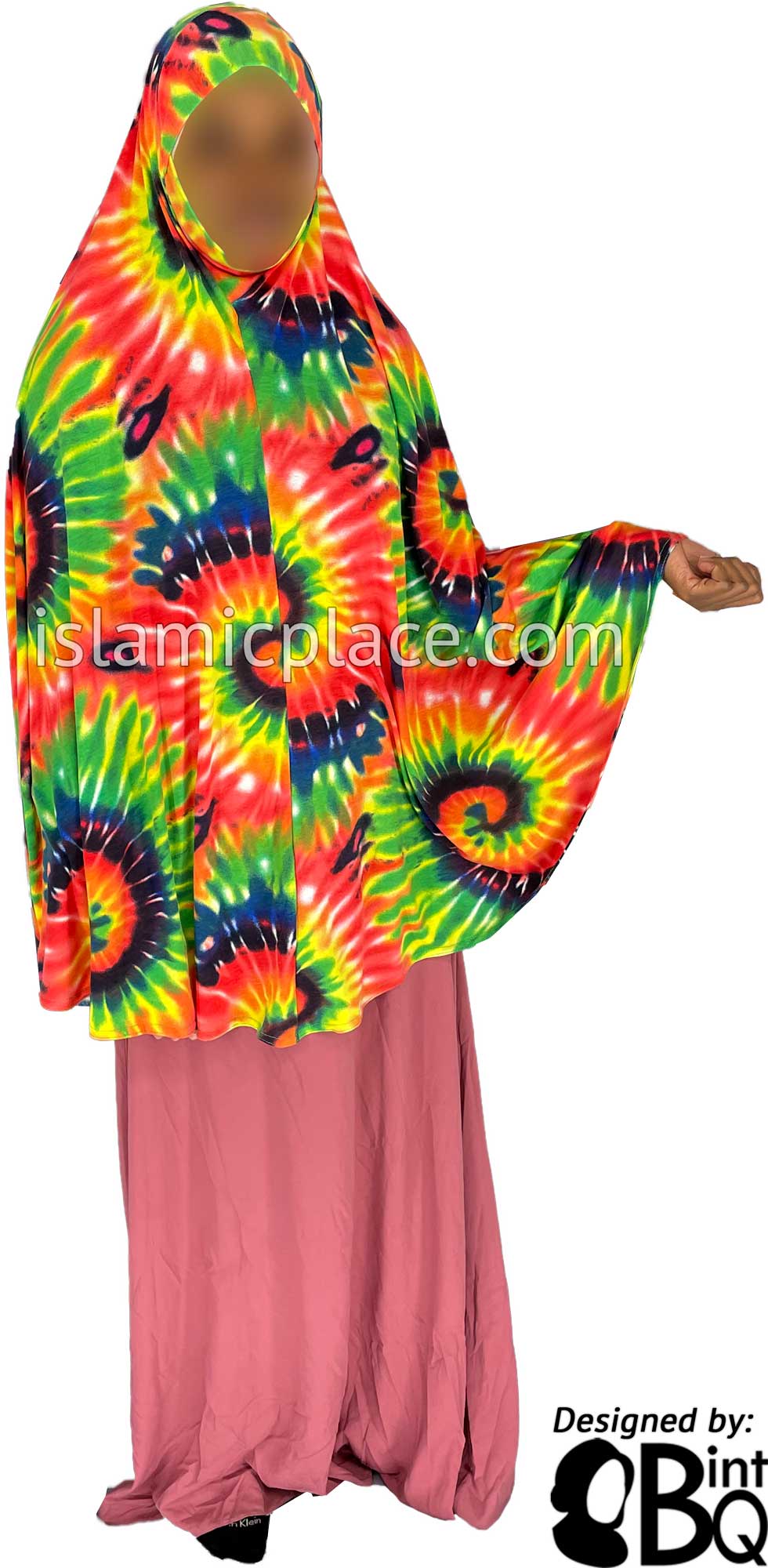 Red, Green and Yellow Sunbust Tie-Dye Design - Printed Overhead Khimar - Extra Long Knee Length