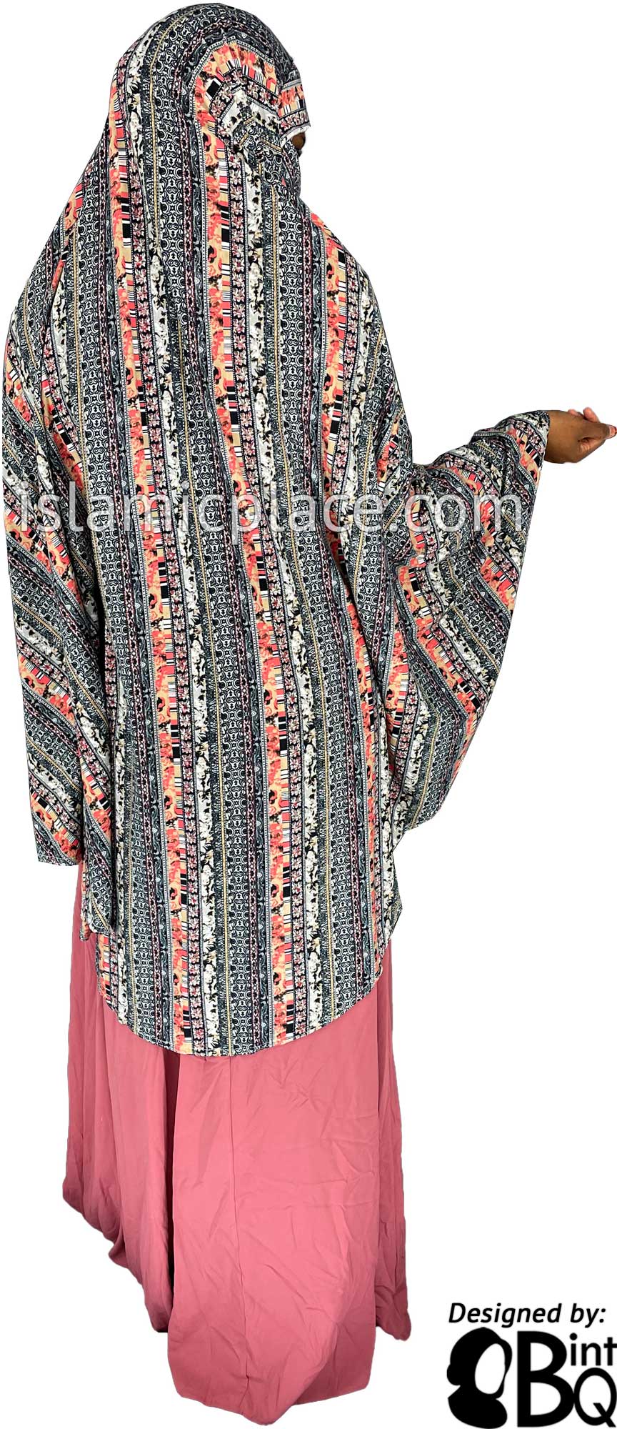 Black, Gray and Coral Multi Pattern - Printed Overhead Khimar - Extra Long Knee Length