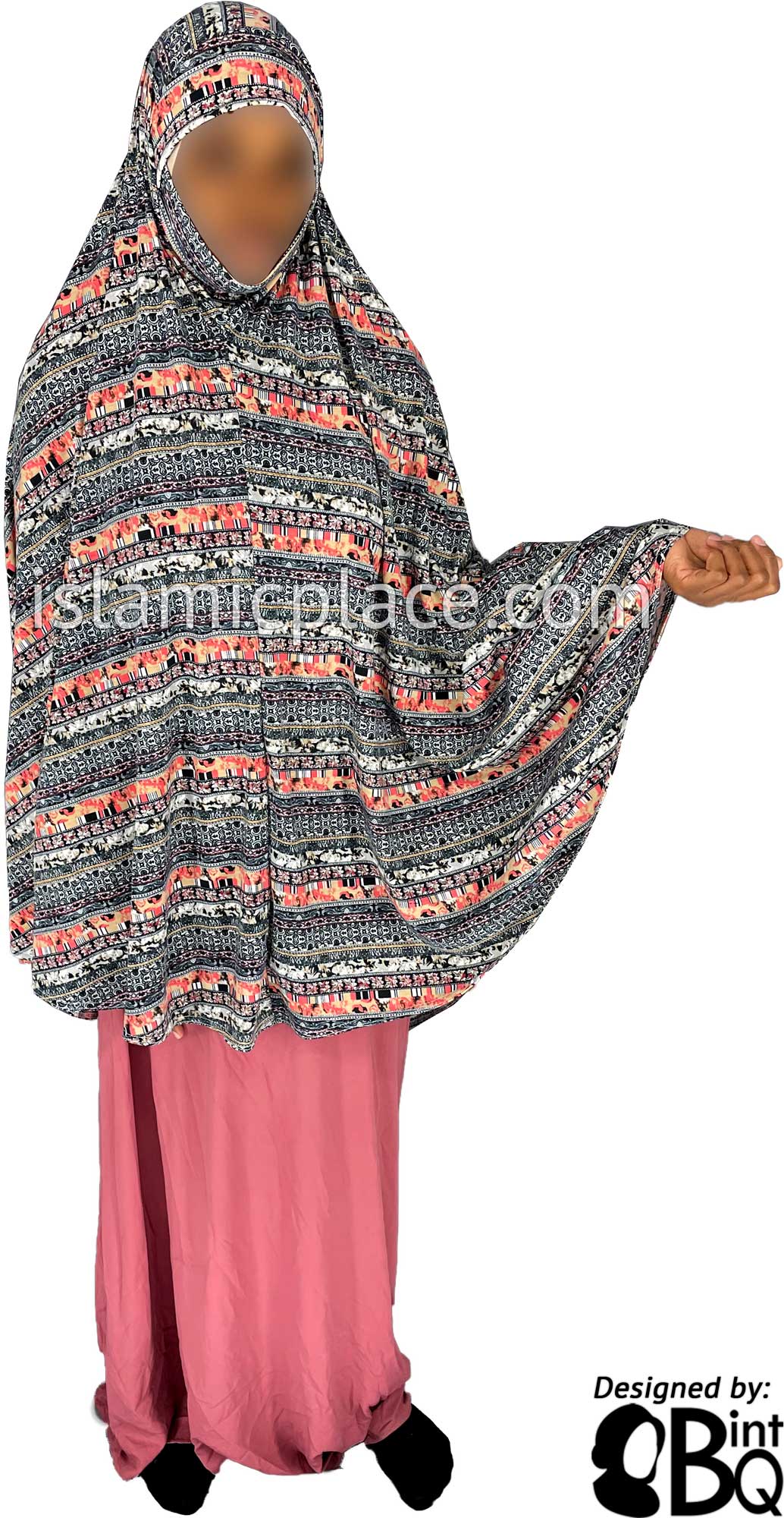 Black, Gray and Coral Multi Pattern - Printed Overhead Khimar - Extra Long Knee Length
