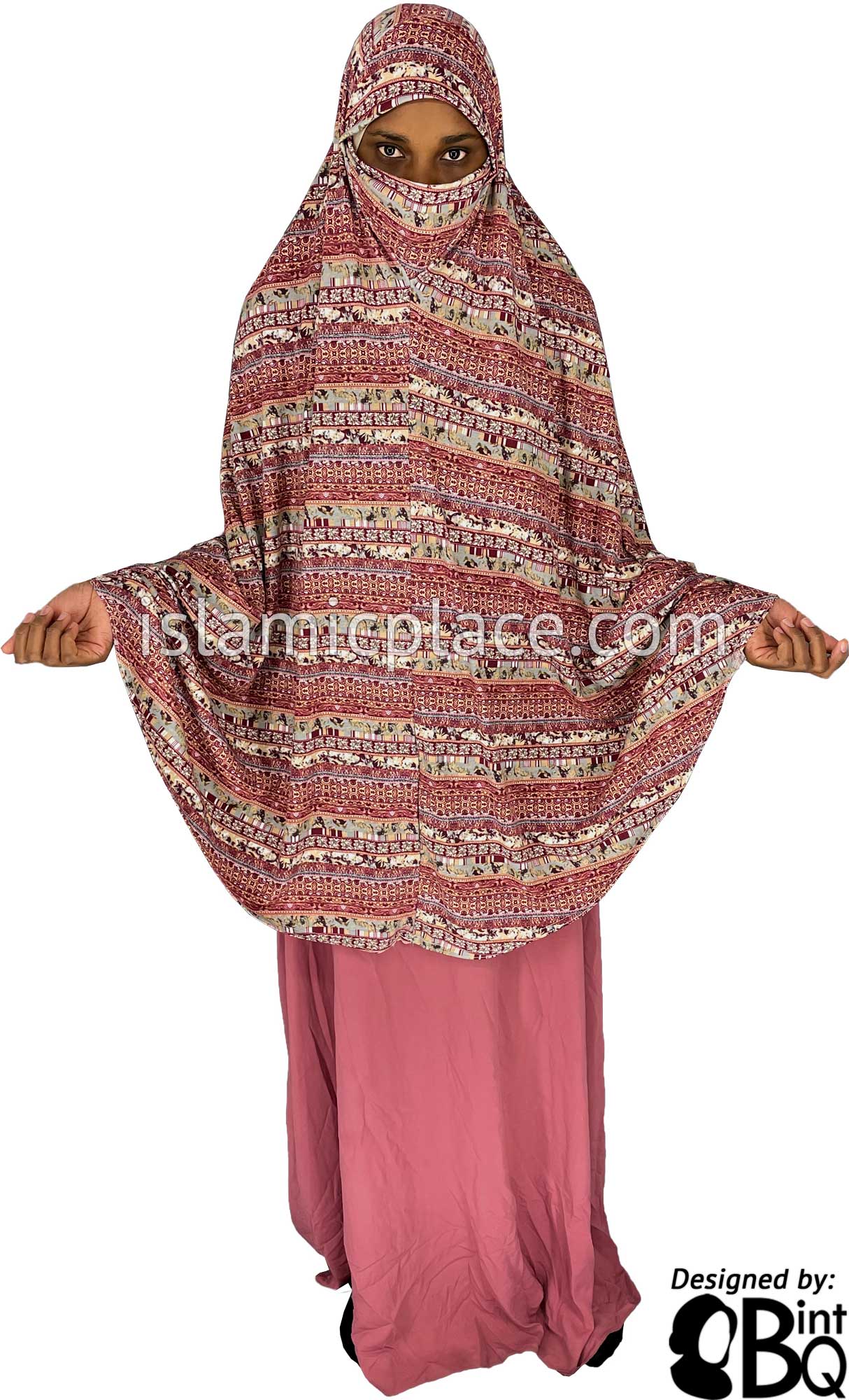 Burgundy, Gray and Tan Multi Pattern - Printed Overhead Khimar - Extra Long Knee Length
