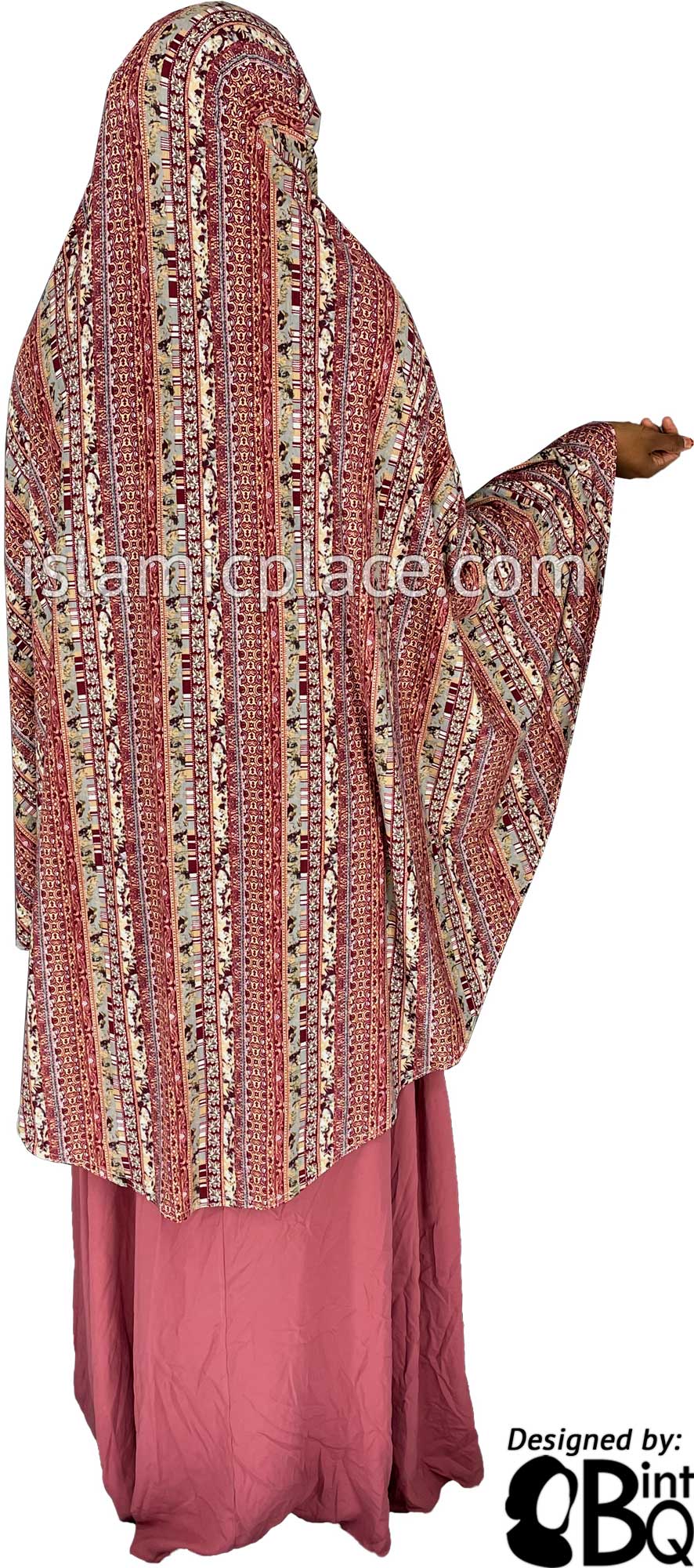 Burgundy, Gray and Tan Multi Pattern - Printed Overhead Khimar - Extra Long Knee Length