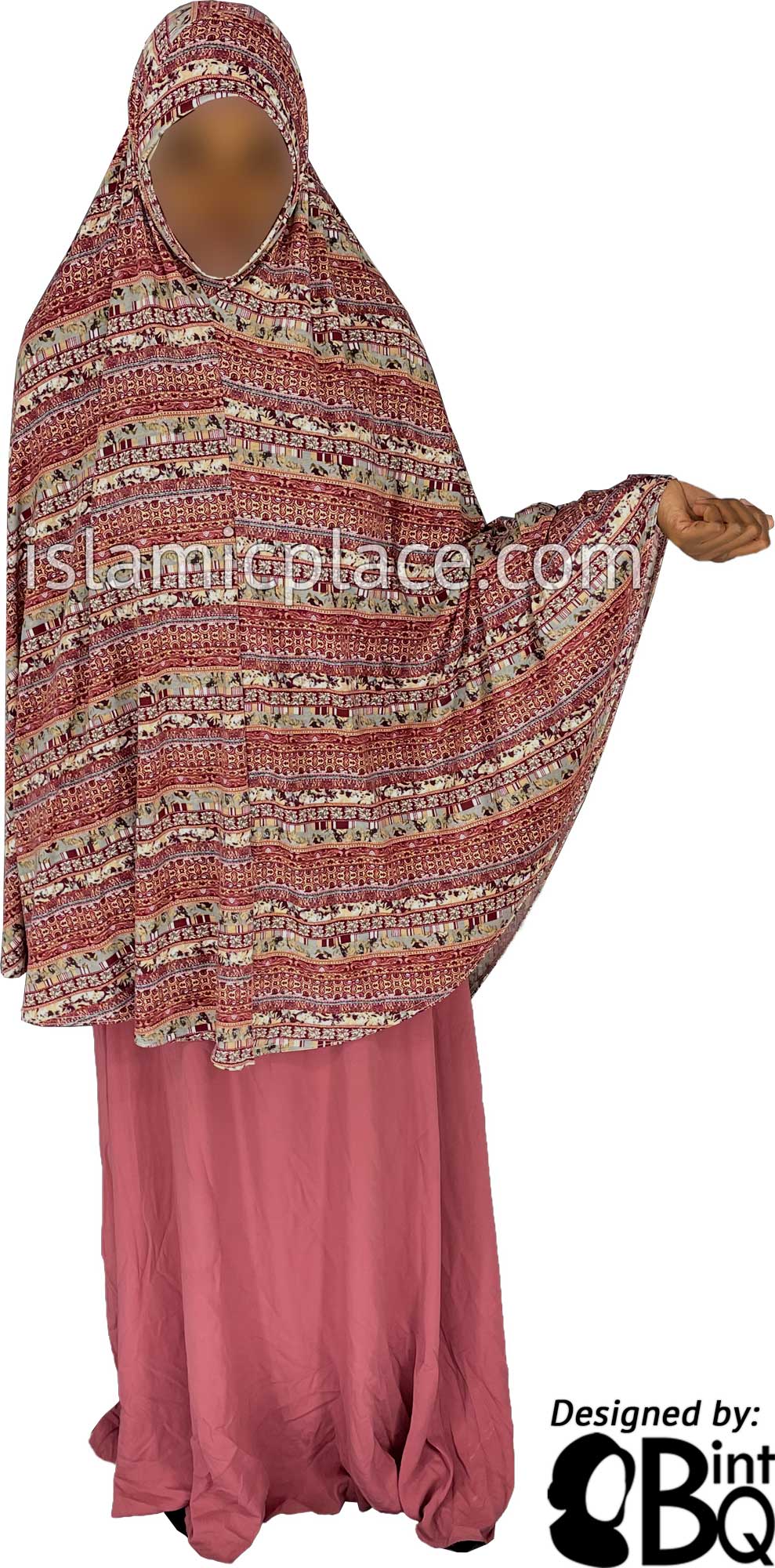Burgundy, Gray and Tan Multi Pattern - Printed Overhead Khimar - Extra Long Knee Length