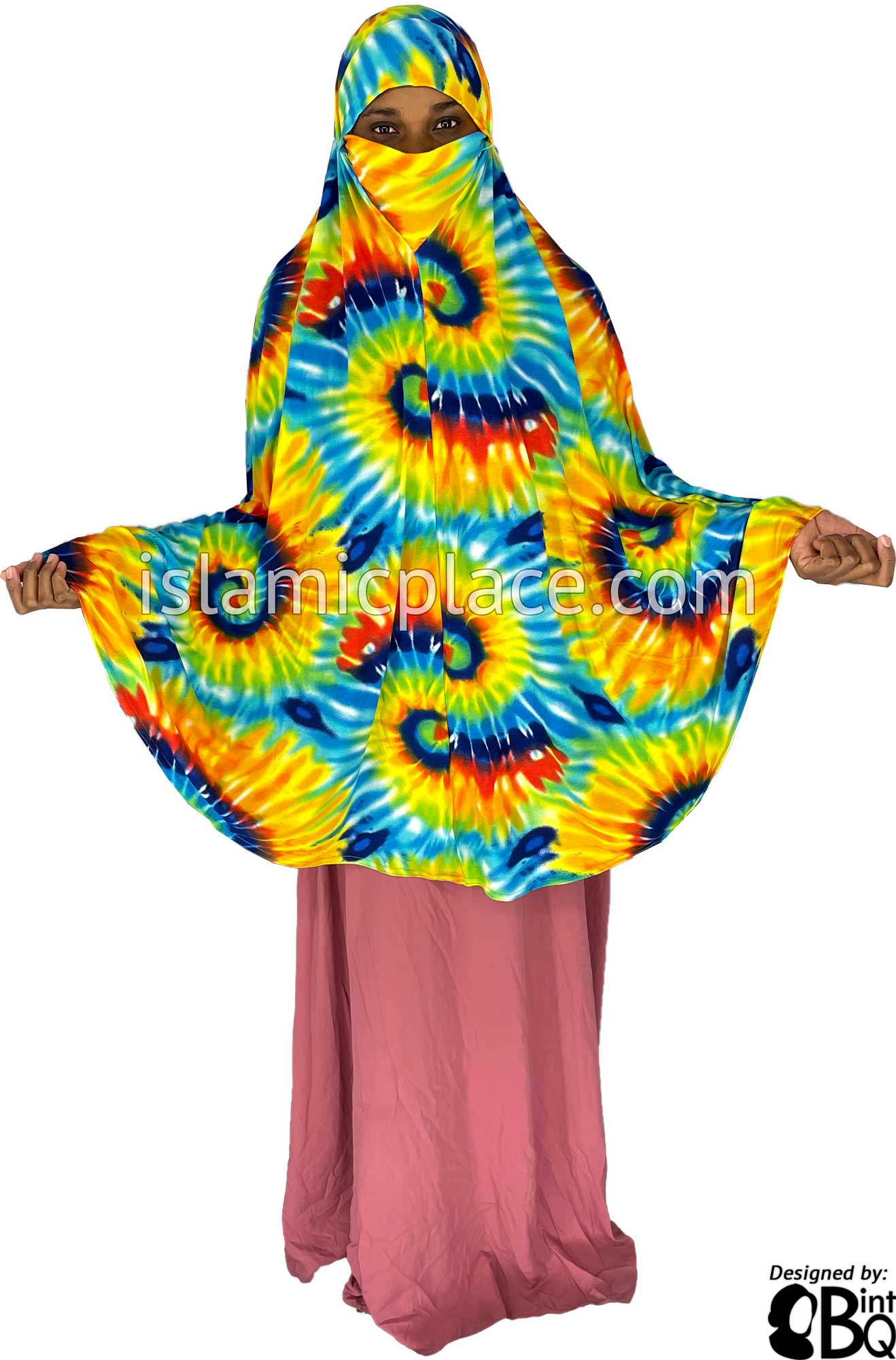 Shades of Blue, Green, Yellow and Red Sunbust Tie-Dye Design - Printed Overhead Khimar - Extra Long Knee Length