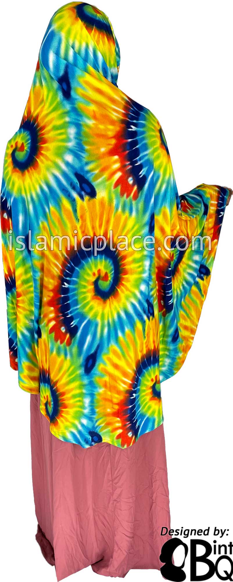 Shades of Blue, Green, Yellow and Red Sunbust Tie-Dye Design - Printed Overhead Khimar - Extra Long Knee Length