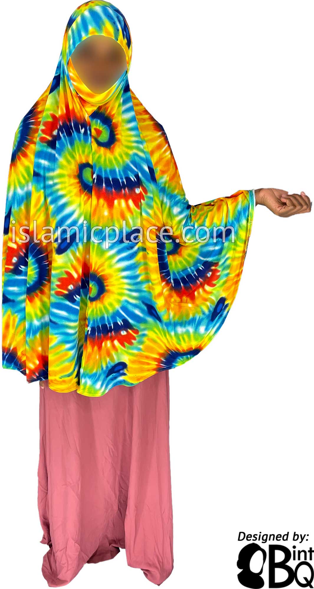 Shades of Blue, Green, Yellow and Red Sunbust Tie-Dye Design - Printed Overhead Khimar - Extra Long Knee Length