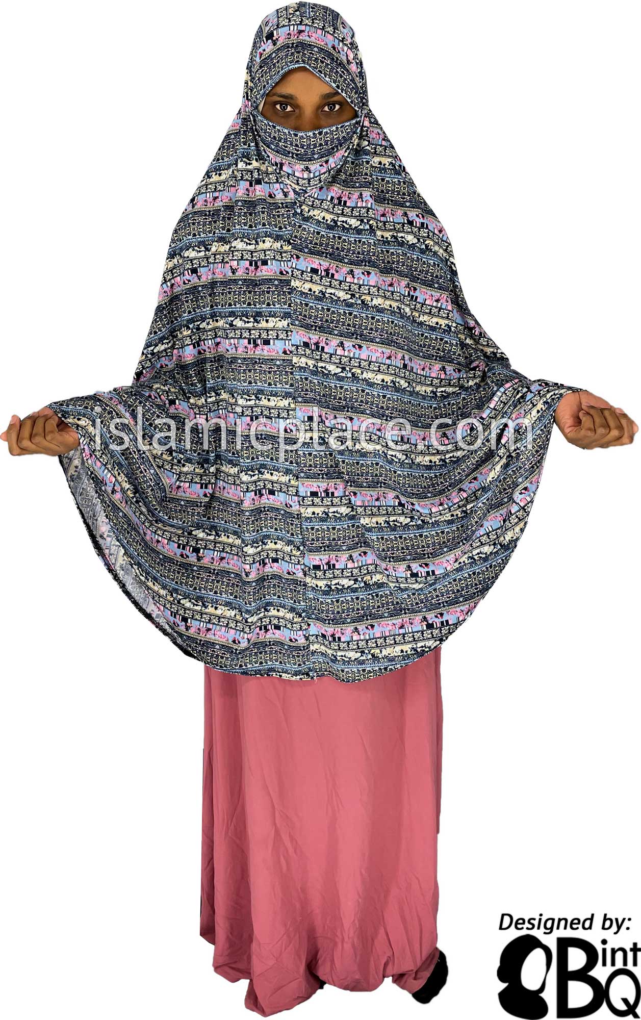 Navy Blue, Tan and Pink Multi Pattern - Printed Overhead Khimar - Extra Long Knee Length