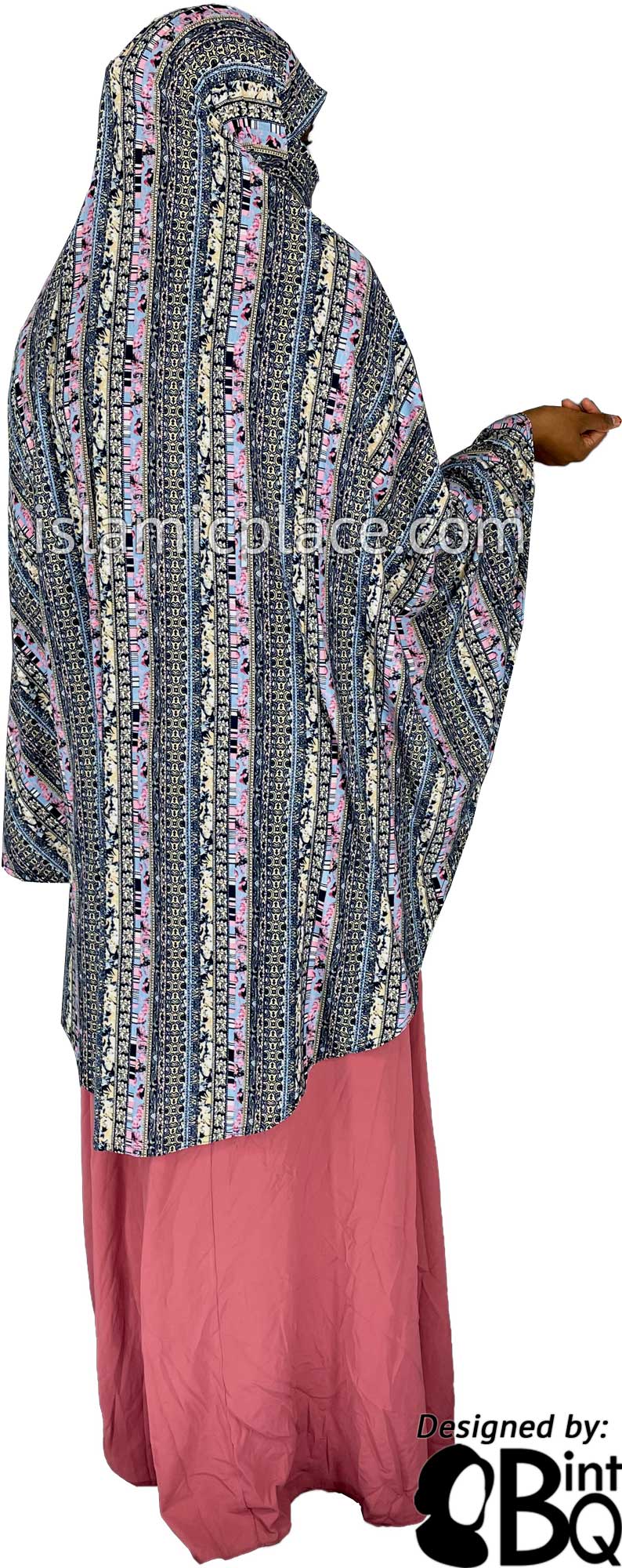 Navy Blue, Tan and Pink Multi Pattern - Printed Overhead Khimar - Extra Long Knee Length