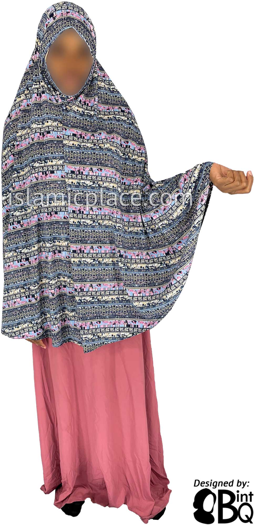 Navy Blue, Tan and Pink Multi Pattern - Printed Overhead Khimar - Extra Long Knee Length