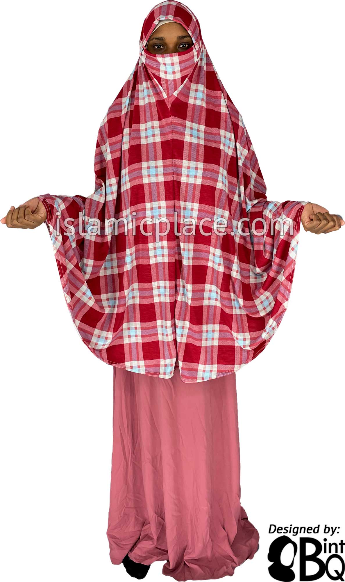 Red, White and Sky Blue Plaid - Printed Overhead Khimar - Extra Long Knee Length