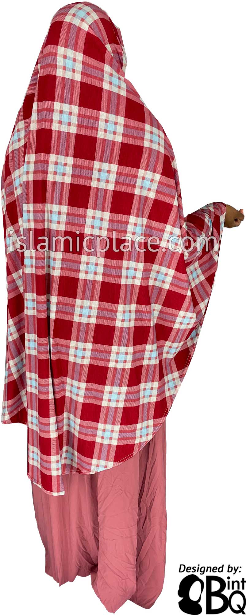 Red, White and Sky Blue Plaid - Printed Overhead Khimar - Extra Long Knee Length