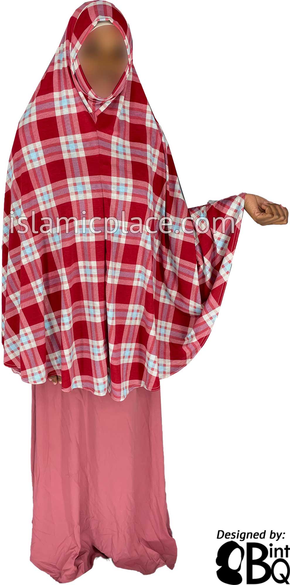 Red, White and Sky Blue Plaid - Printed Overhead Khimar - Extra Long Knee Length