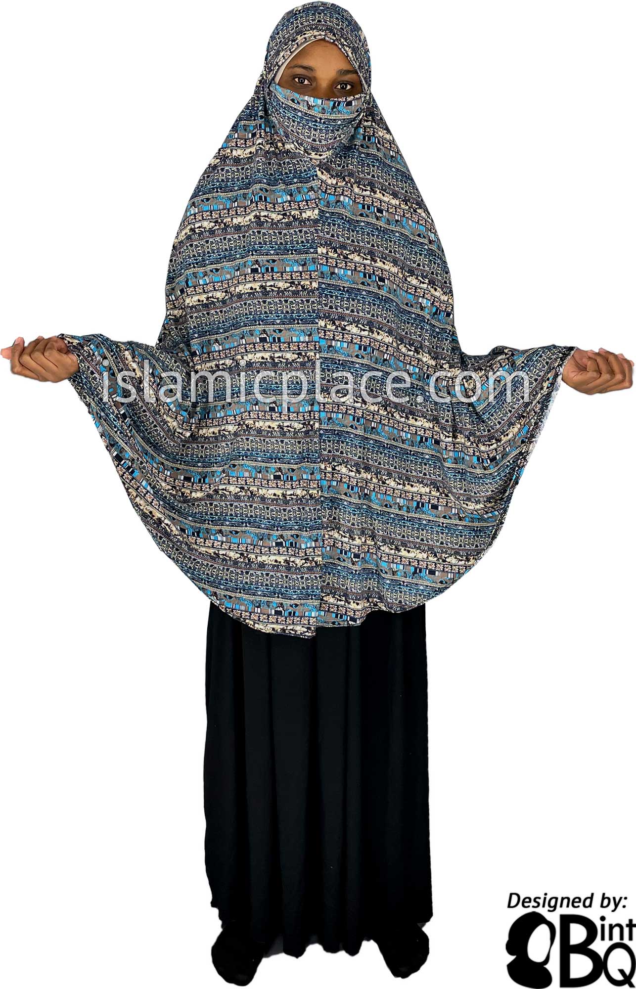 Navy Blue, Tan and Aqua Blue Multi Pattern - Printed Overhead Khimar - Extra Long Knee Length