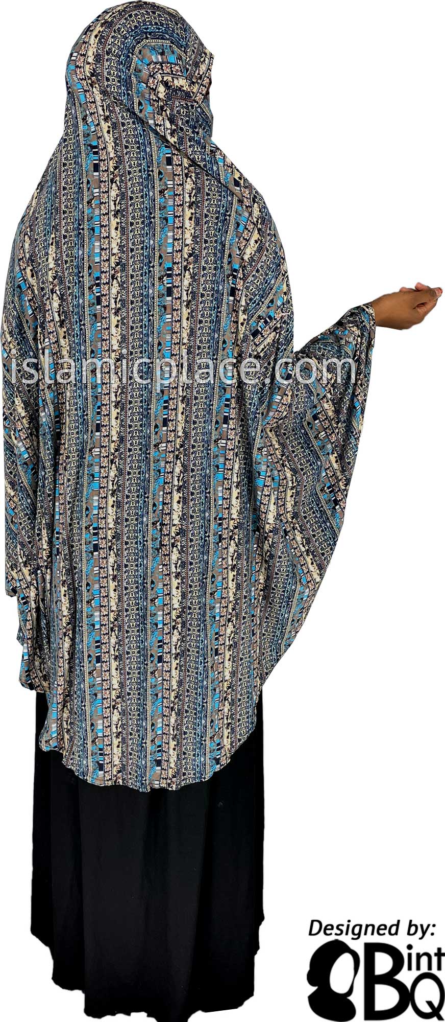 Navy Blue, Tan and Aqua Blue Multi Pattern - Printed Overhead Khimar - Extra Long Knee Length