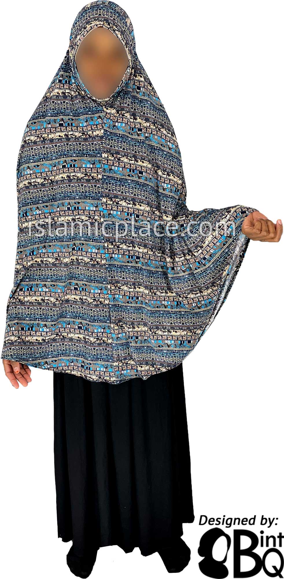 Navy Blue, Tan and Aqua Blue Multi Pattern - Printed Overhead Khimar - Extra Long Knee Length