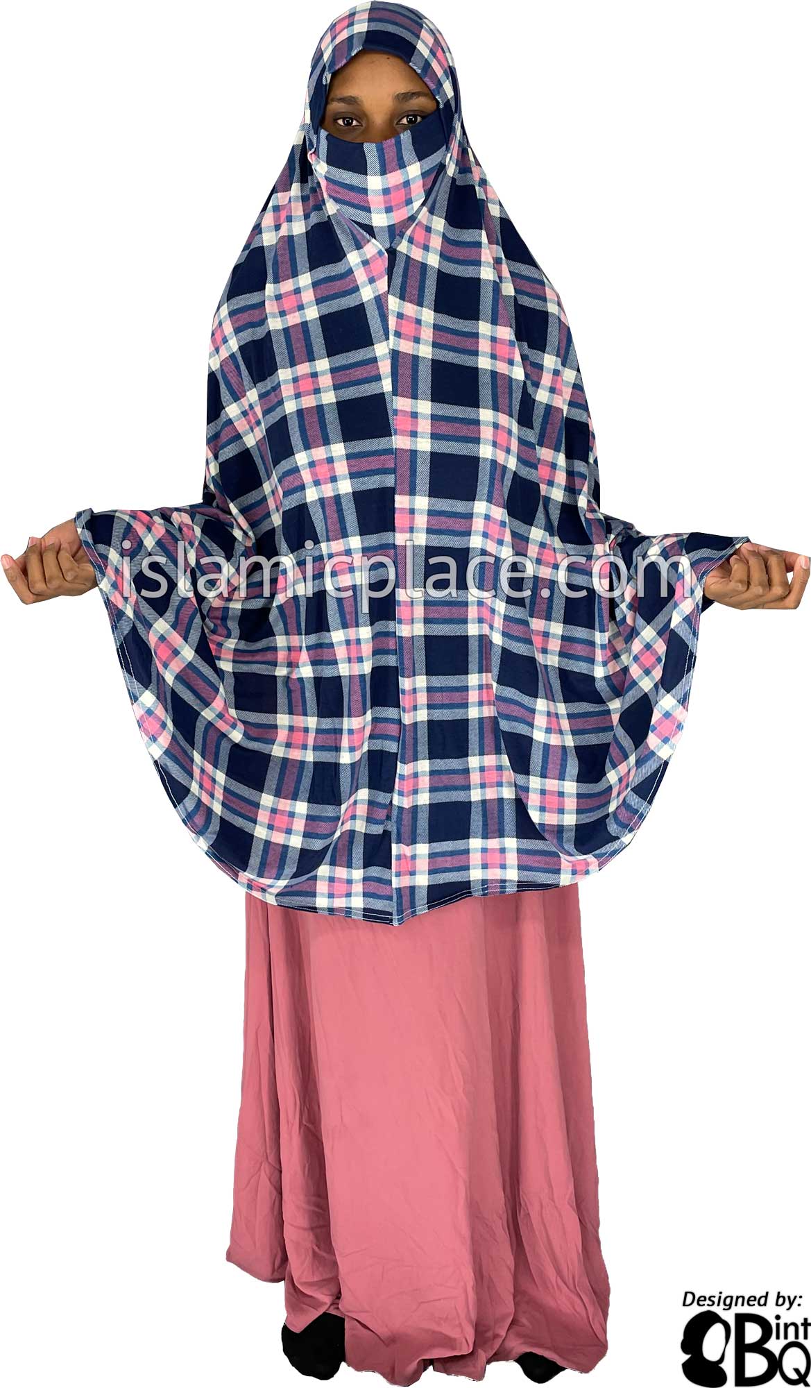 Navy Blue, Off-White and Pink Plaid - Printed Overhead Khimar - Extra Long Knee Length