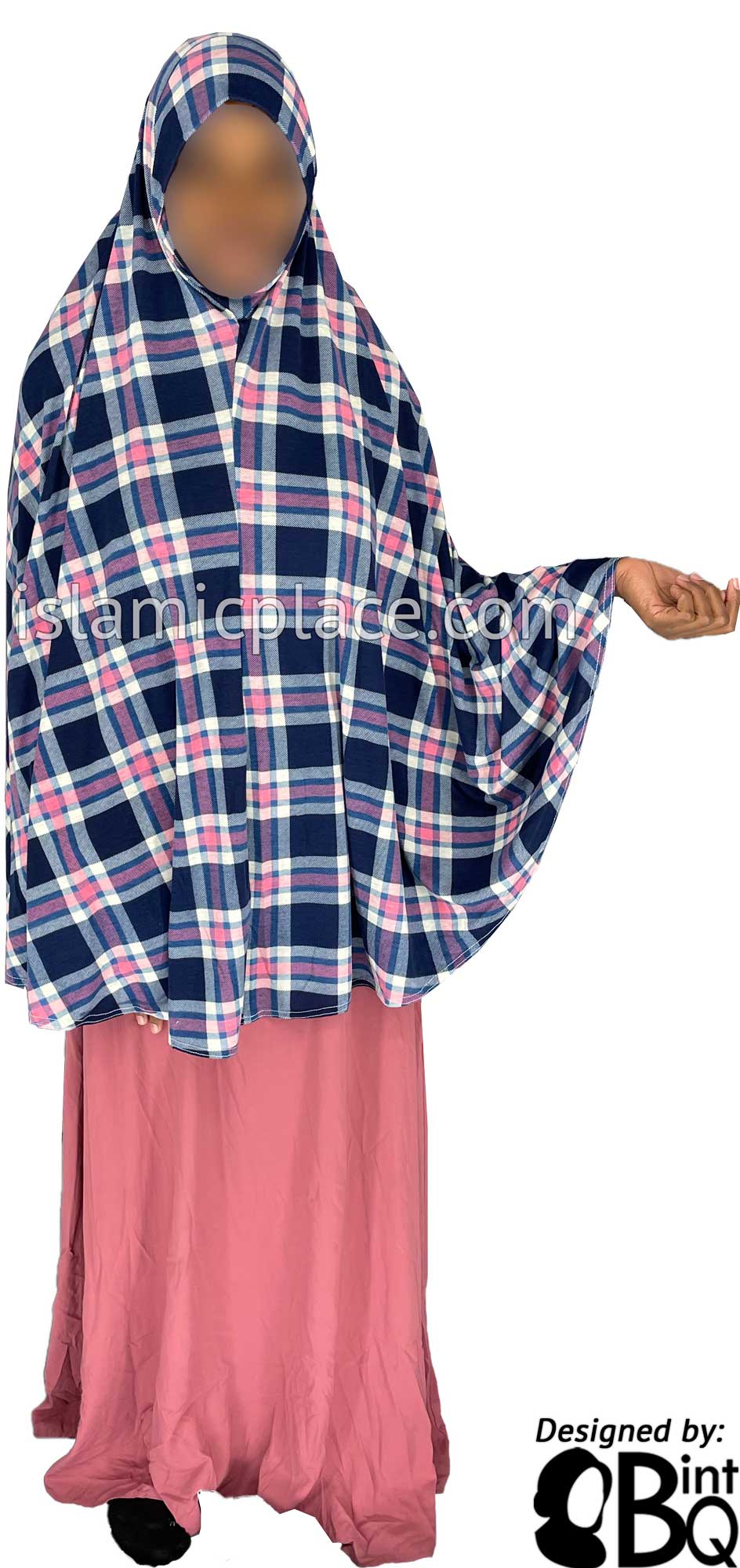 Navy Blue, Off-White and Pink Plaid - Printed Overhead Khimar - Extra Long Knee Length