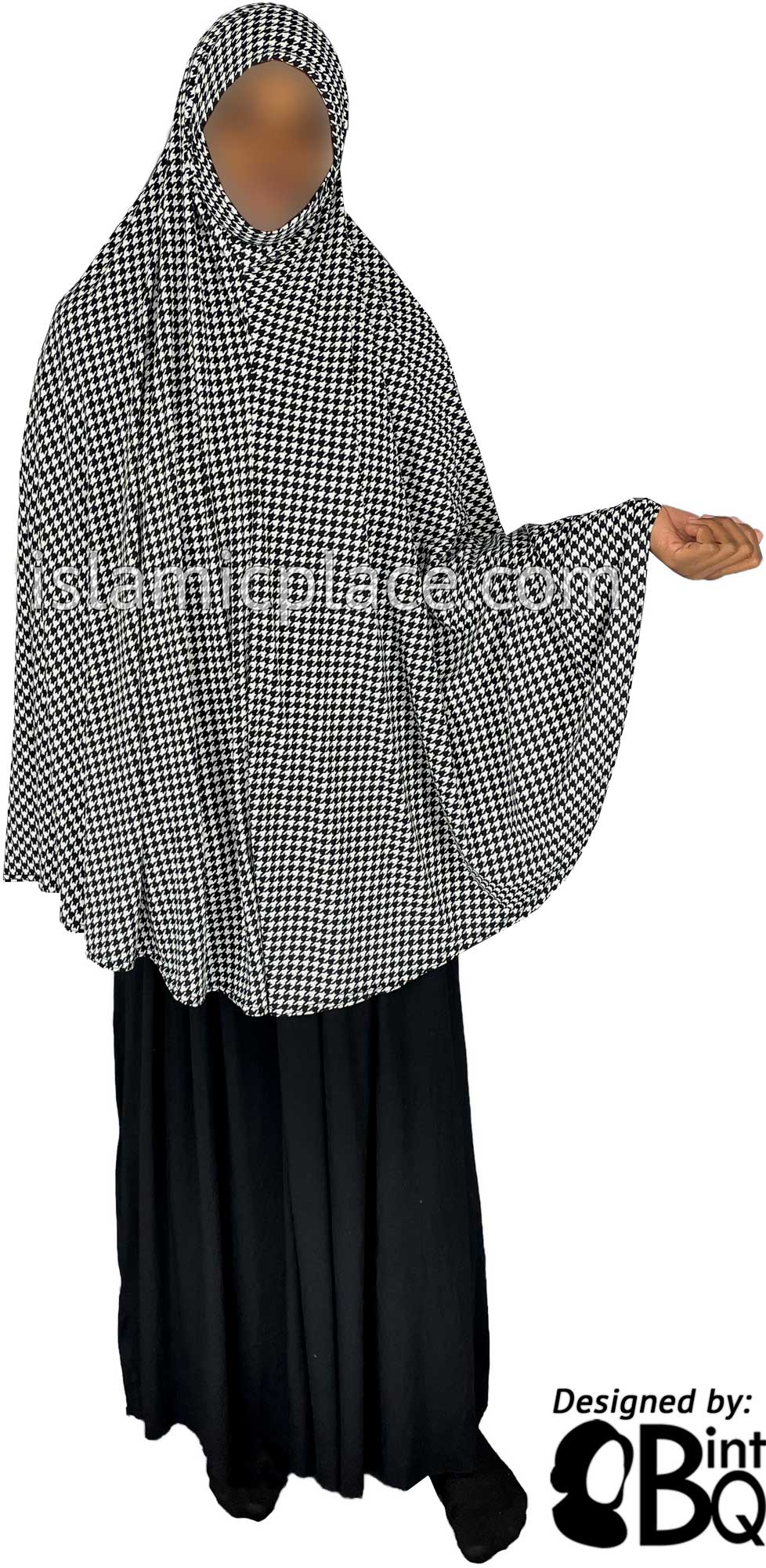 Black and White Houndstooth Pattern - Printed Overhead Khimar - Extra Long Knee Length