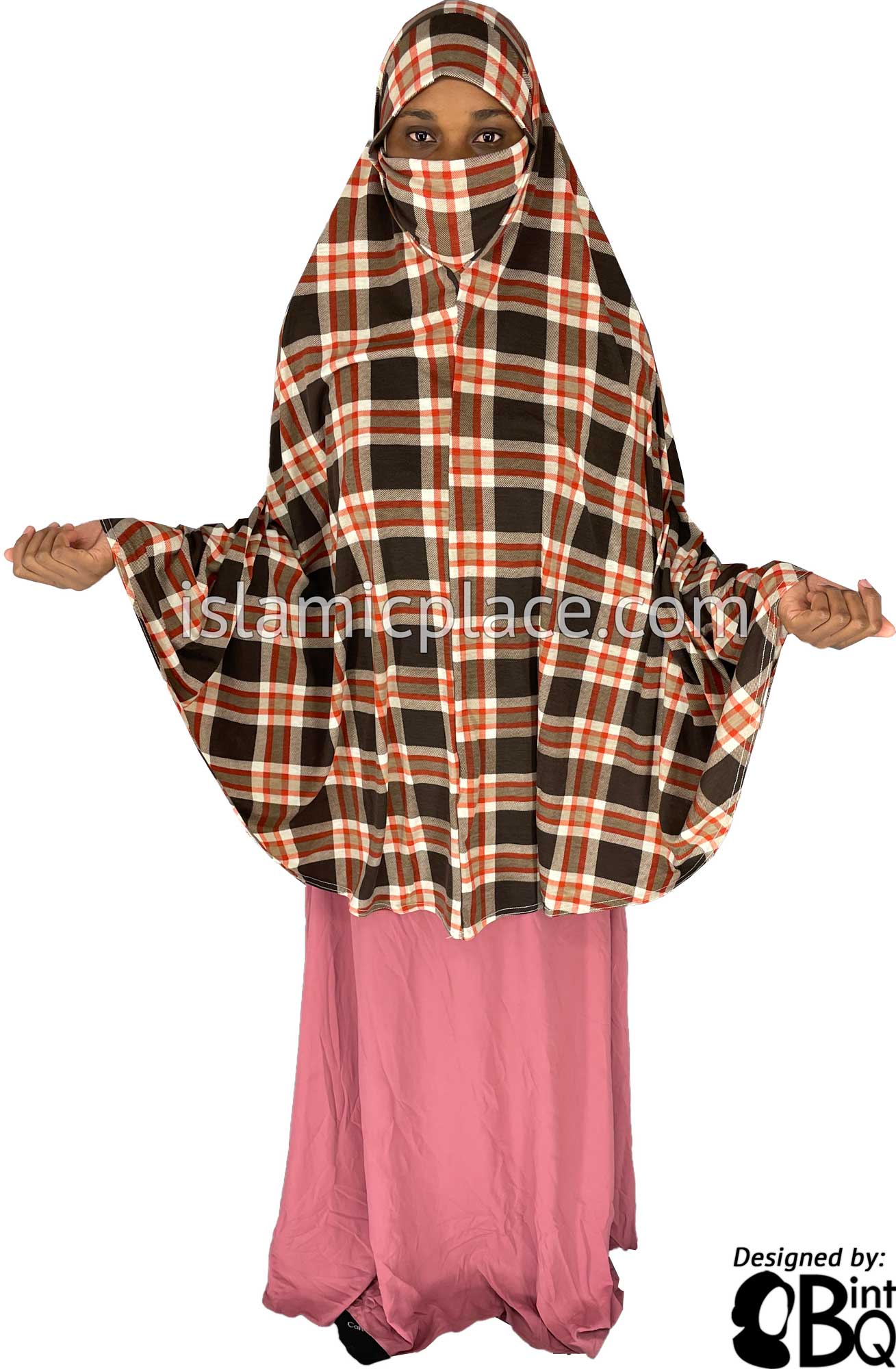 Brown, Tan and Red Plaid - Printed Overhead Khimar - Extra Long Knee Length