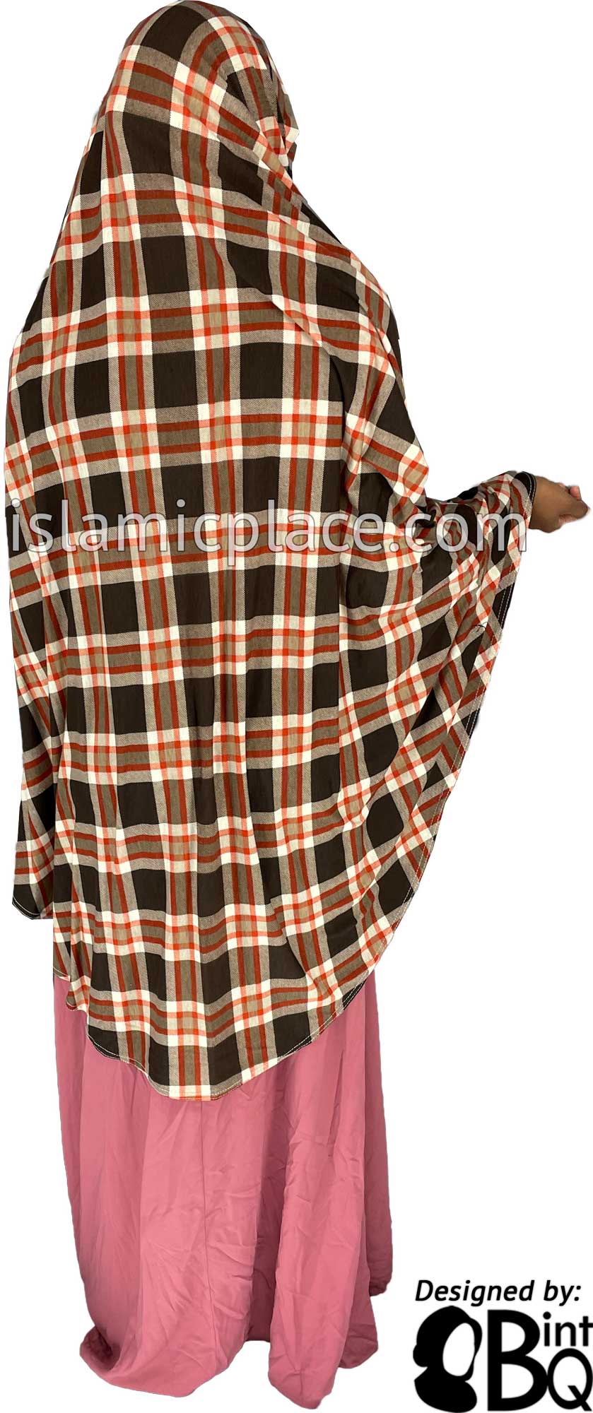 Brown, Tan and Red Plaid - Printed Overhead Khimar - Extra Long Knee Length