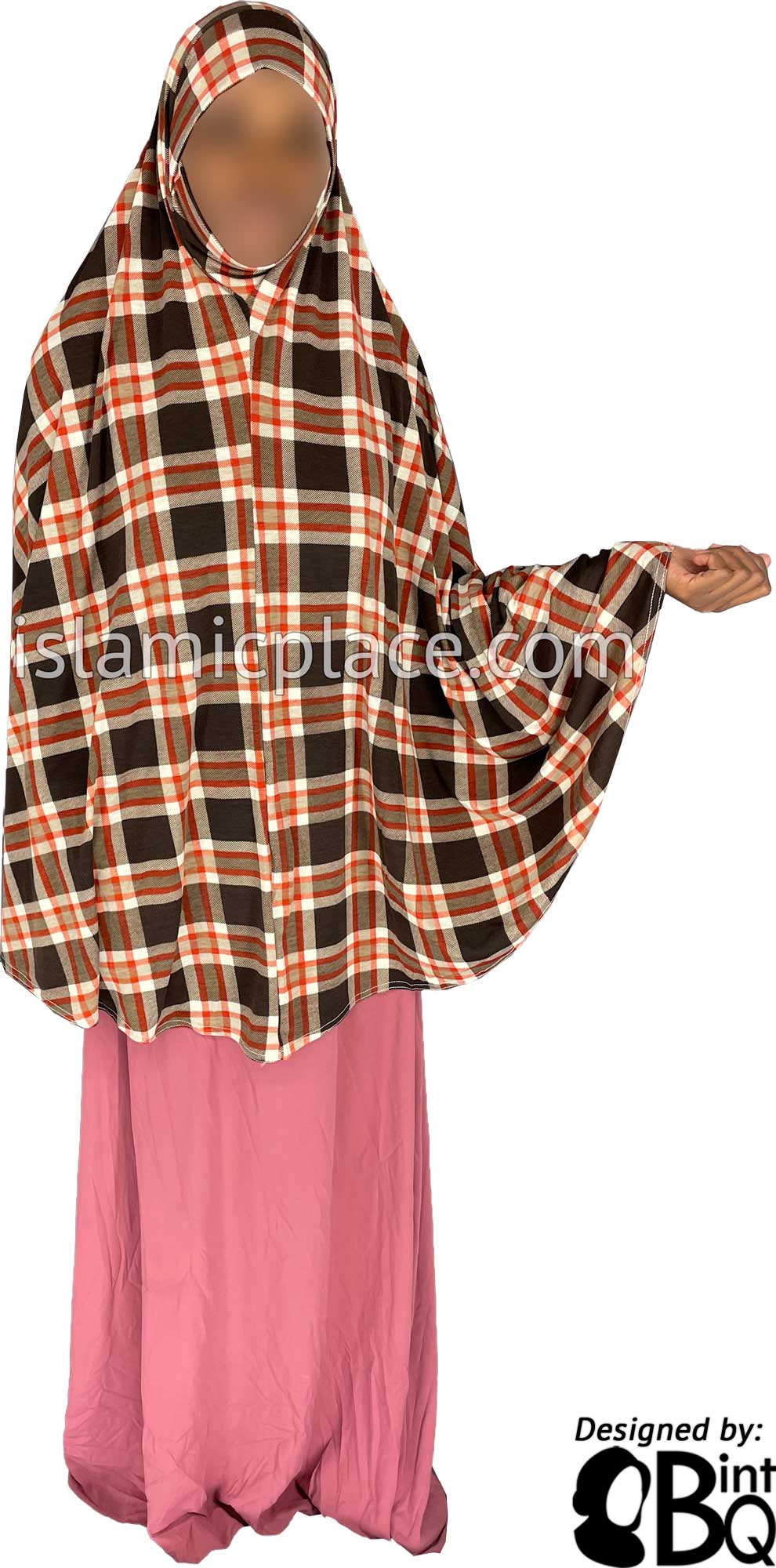 Brown, Tan and Red Plaid - Printed Overhead Khimar - Extra Long Knee Length