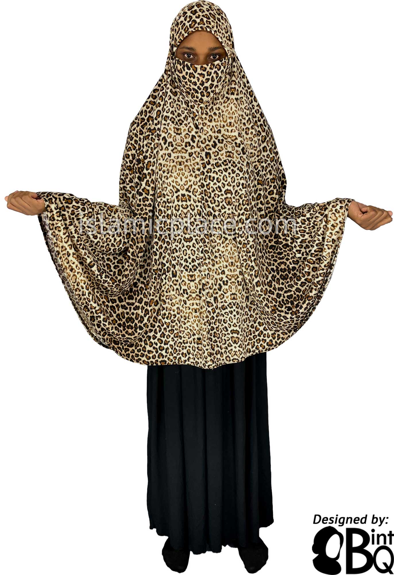 Dark Brown, Pumpkin and Tan Leopard Print - Printed Overhead Khimar - Extra Long Knee Length
