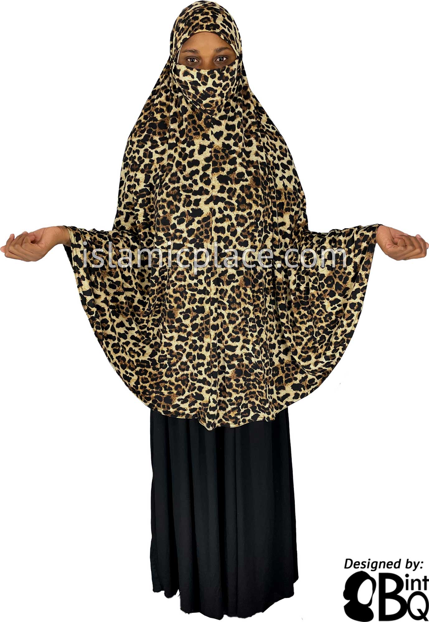 Black and Brown Animal Print on Tan Base - Printed Overhead Khimar - Extra Long Knee Length
