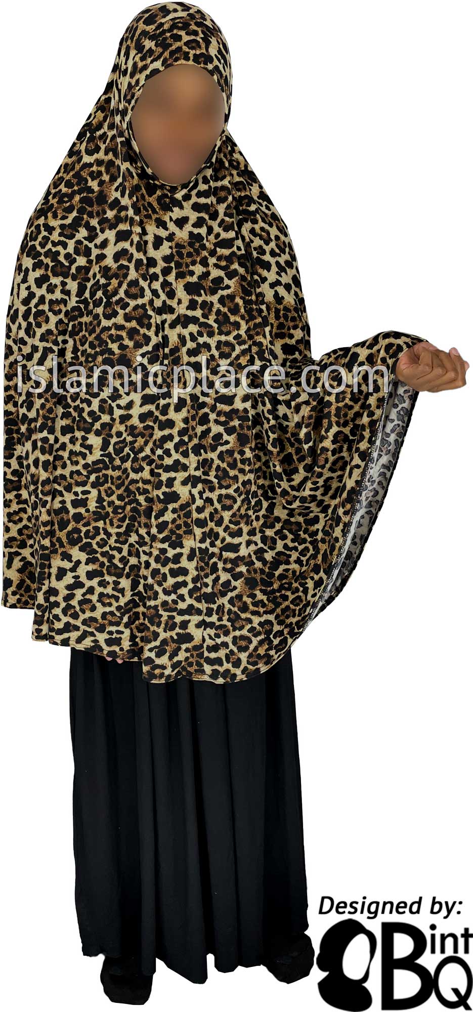 Black and Brown Animal Print on Tan Base - Printed Overhead Khimar - Extra Long Knee Length