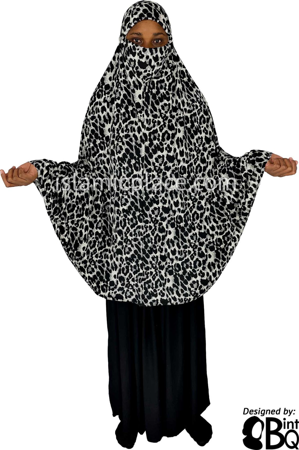Black and Gray Animal Print on White Base - Printed Overhead Khimar - Extra Long Knee Length