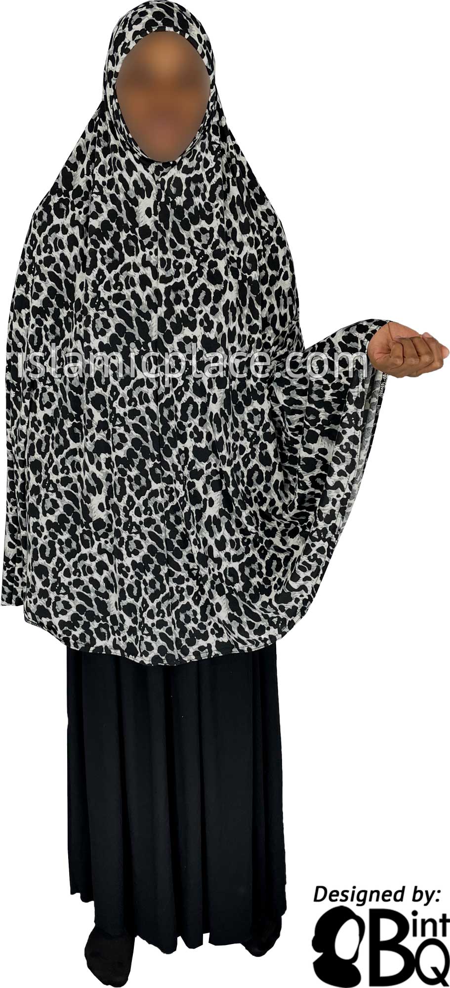 Black and Gray Animal Print on White Base - Printed Overhead Khimar - Extra Long Knee Length