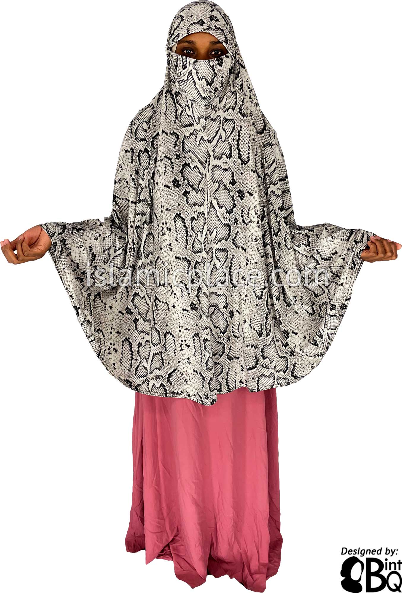 Light Oyster and Black Snake Skin Print - Printed Overhead Khimar - Extra Long Knee Length