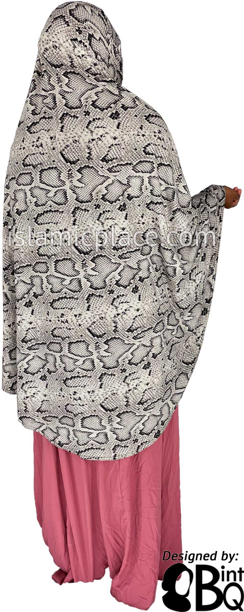Light Oyster and Black Snake Skin Print - Printed Overhead Khimar - Extra Long Knee Length