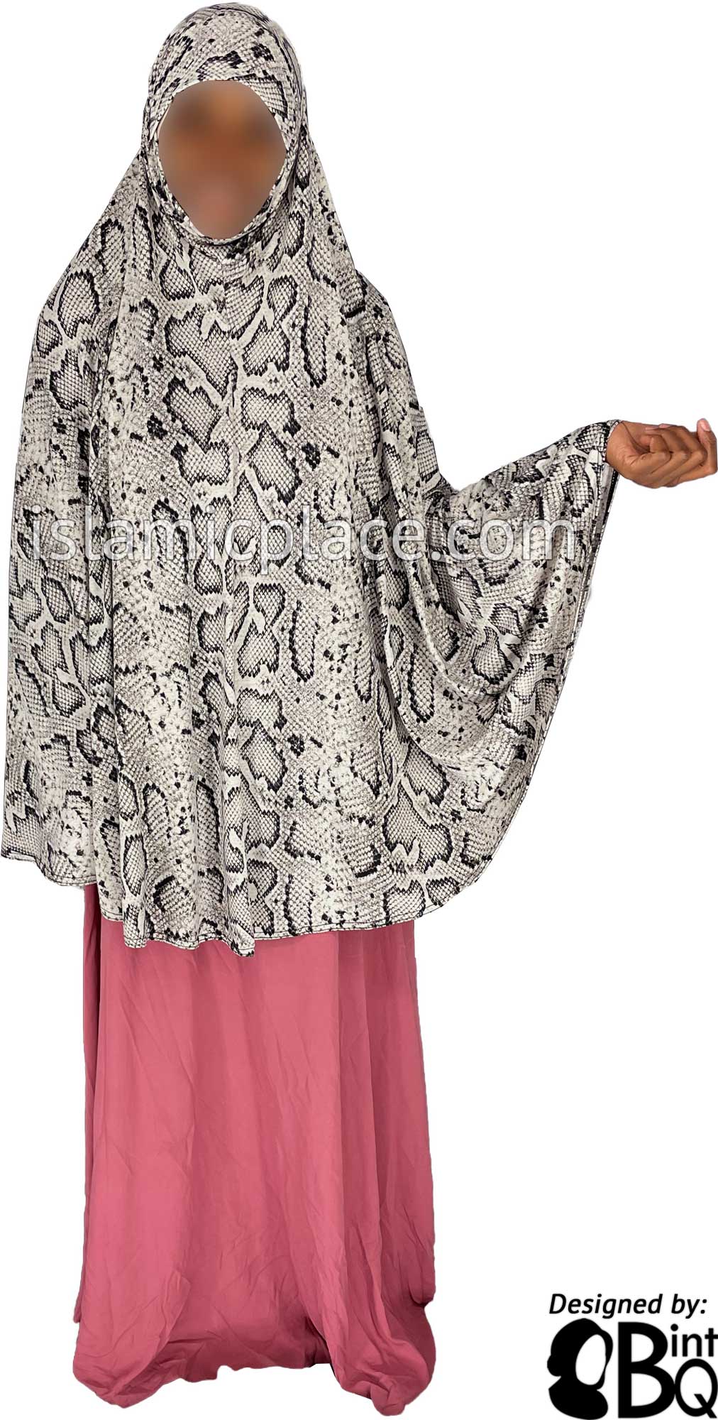 Light Oyster and Black Snake Skin Print - Printed Overhead Khimar - Extra Long Knee Length