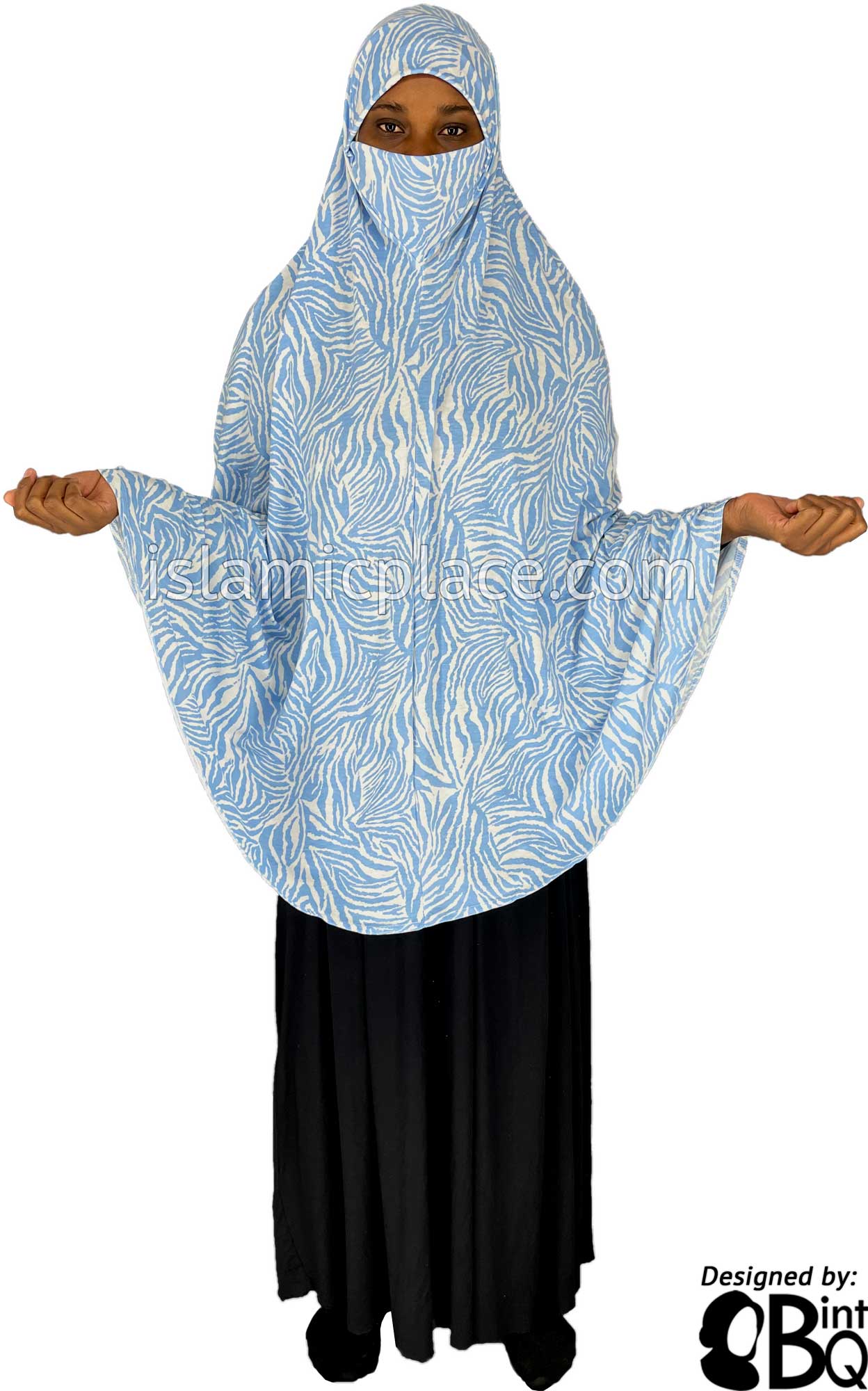 Sky Blue and White Zebra Print - Printed Overhead Khimar - Extra Long Knee Length