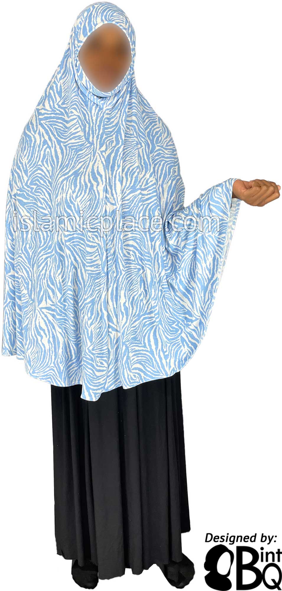 Sky Blue and White Zebra Print - Printed Overhead Khimar - Extra Long Knee Length