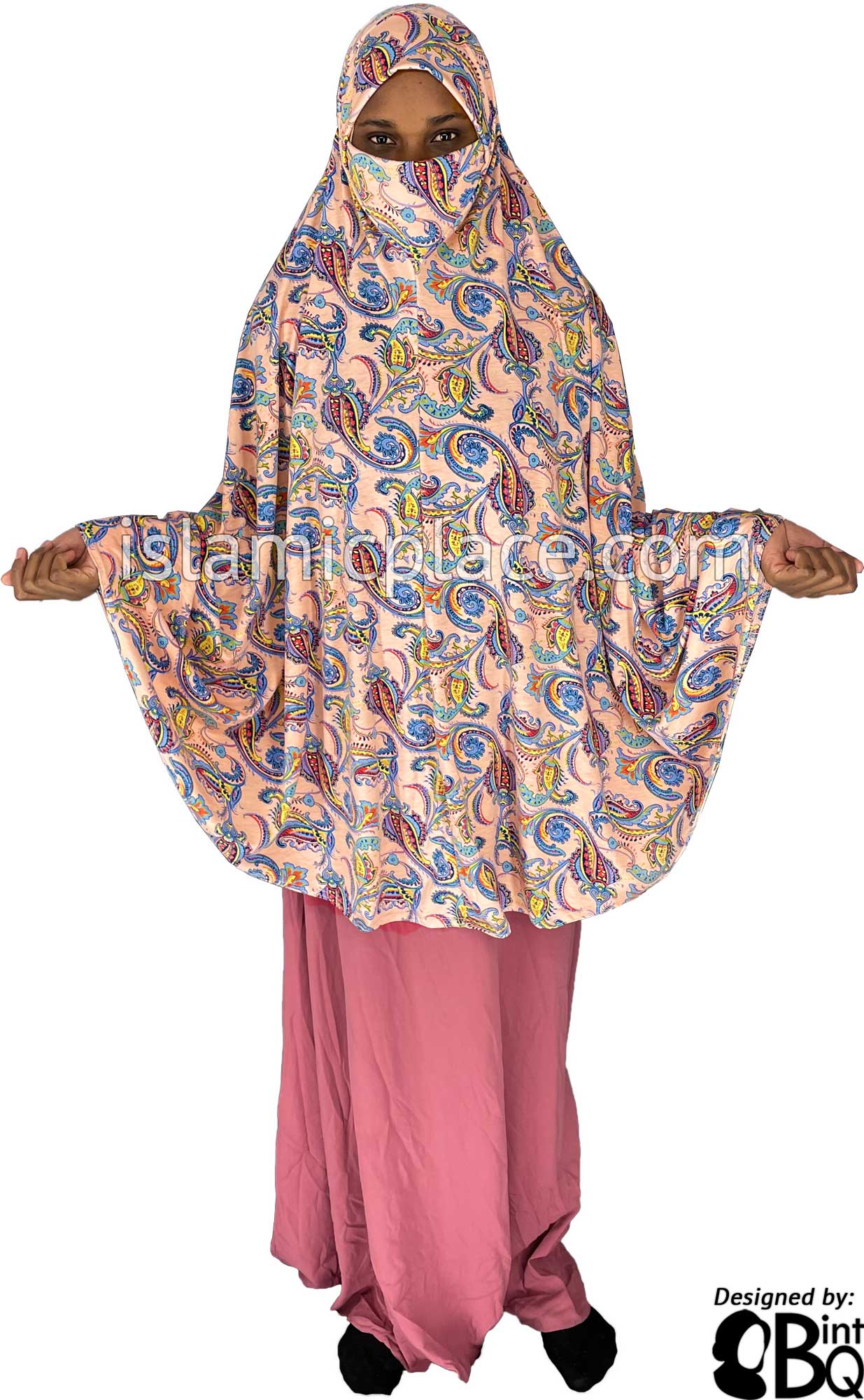 Sky Blue and Yellow Paisley on Pale Pink Base - Printed Overhead Khimar - Extra Long Knee Length
